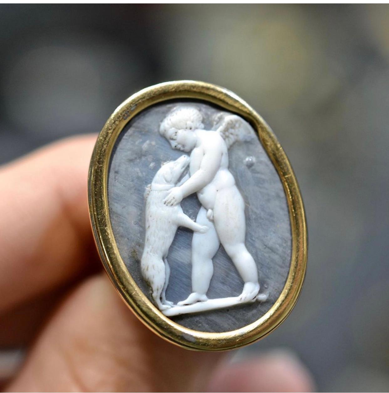 Late 18th Century White on Blue Grey Shell Cameo of Cupid and the dog Ring 1