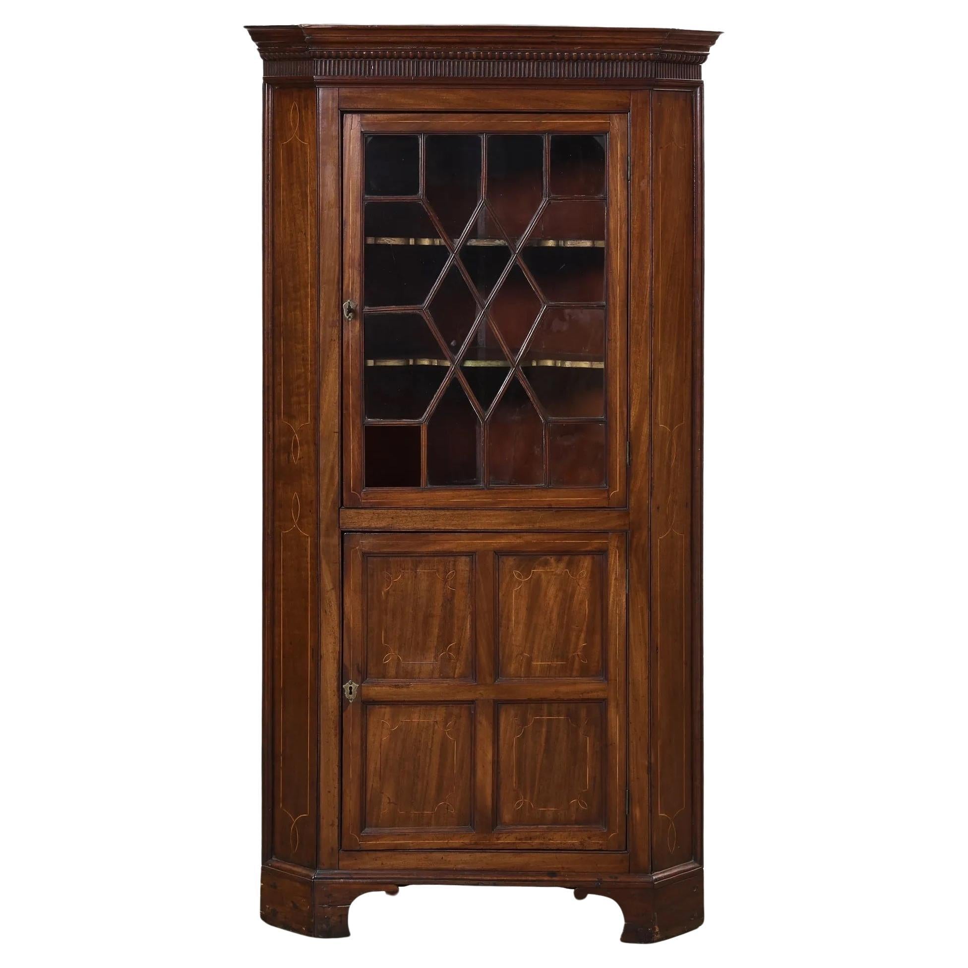 Late 1700's American Federal Inlaid Mahogany Corner Cabinet w/ Dentil Molding For Sale
