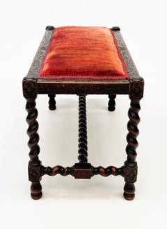 Late 1700’s English Oak Barley Twist Bench with Heavy Carving