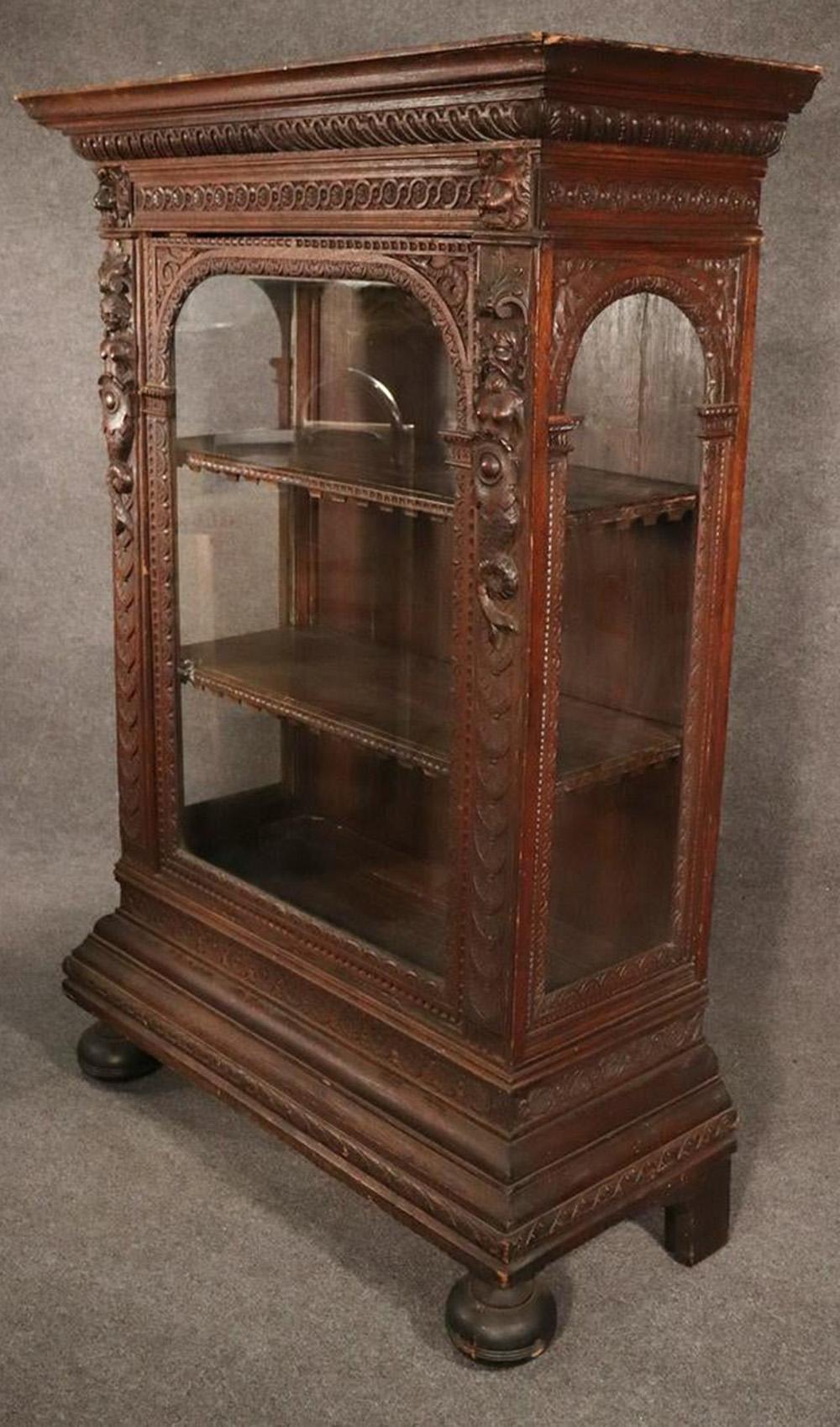 Glass Italian Carved Oak Figural China Cabinet Vitrine Bookcase, Late 1700s