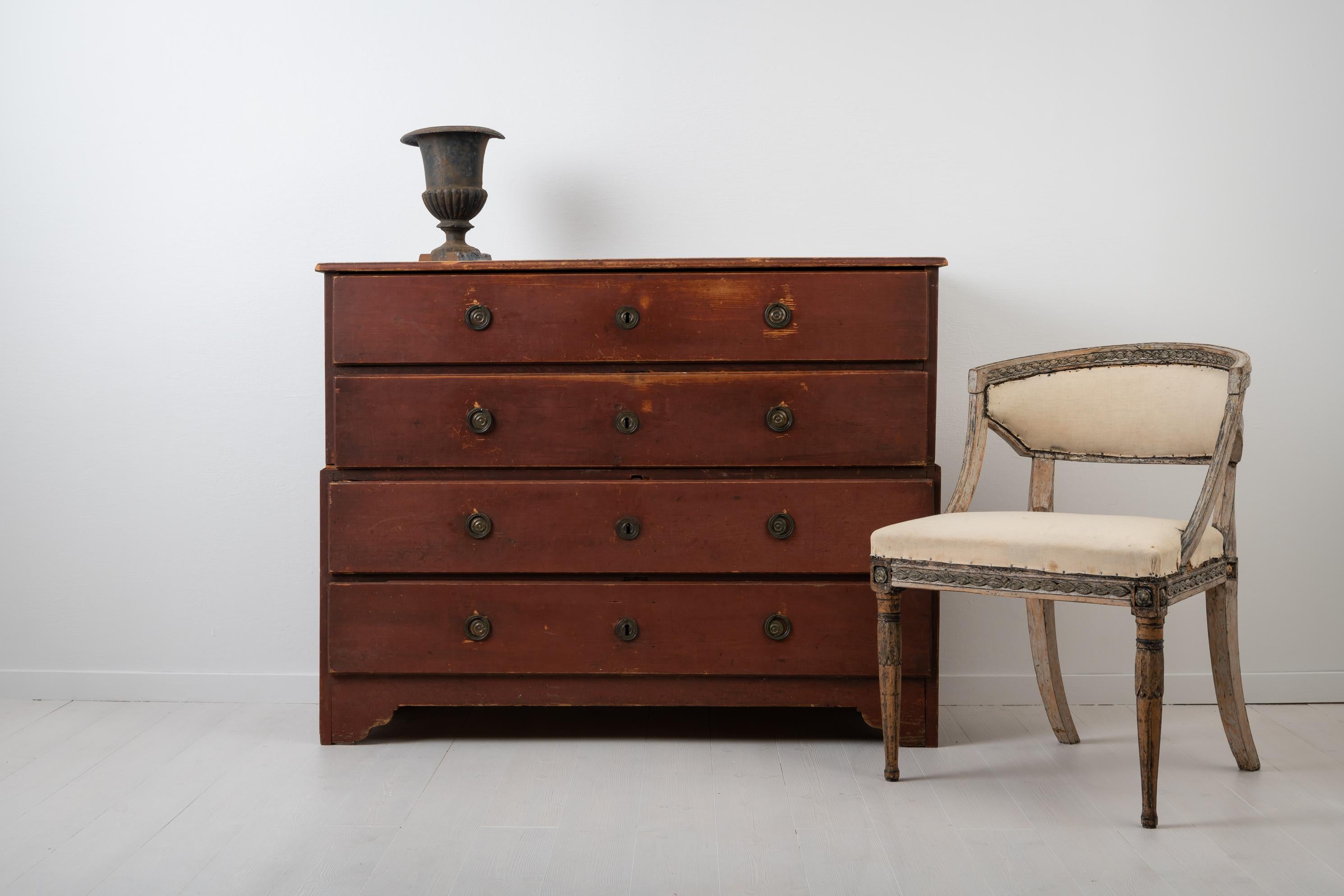 Chest of drawers in two parts from late 18th century, northern Sweden. The chest is from circa 1790 which is the Swedish Gustavian era, otherwise known as neoclassical. Typical to the period this chest has original hardware and original handles on