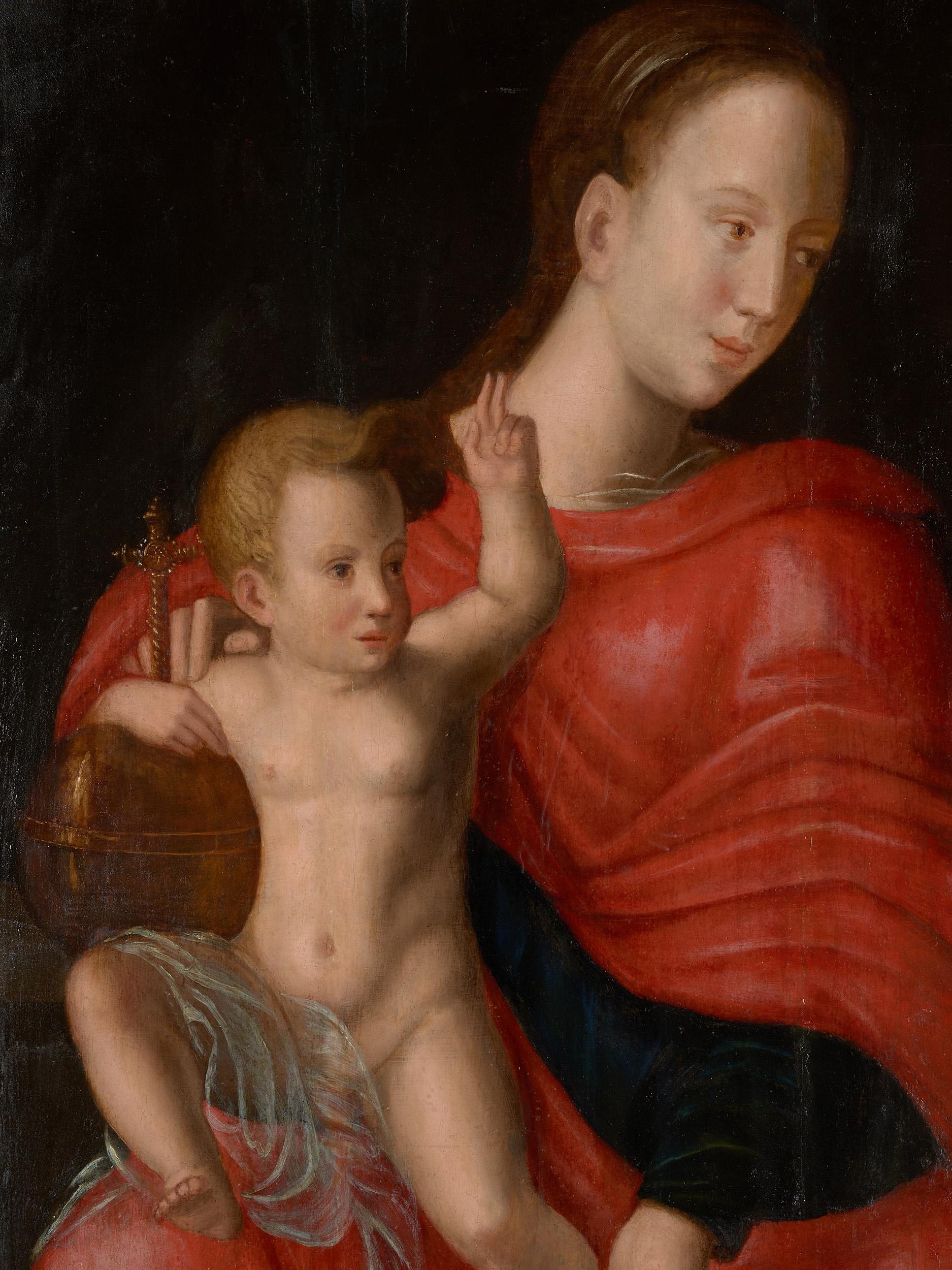 Flämische Schule, Gemälde von Madonna und Kind, Öl auf Tafel, gerahmt (Handbemalt) im Angebot