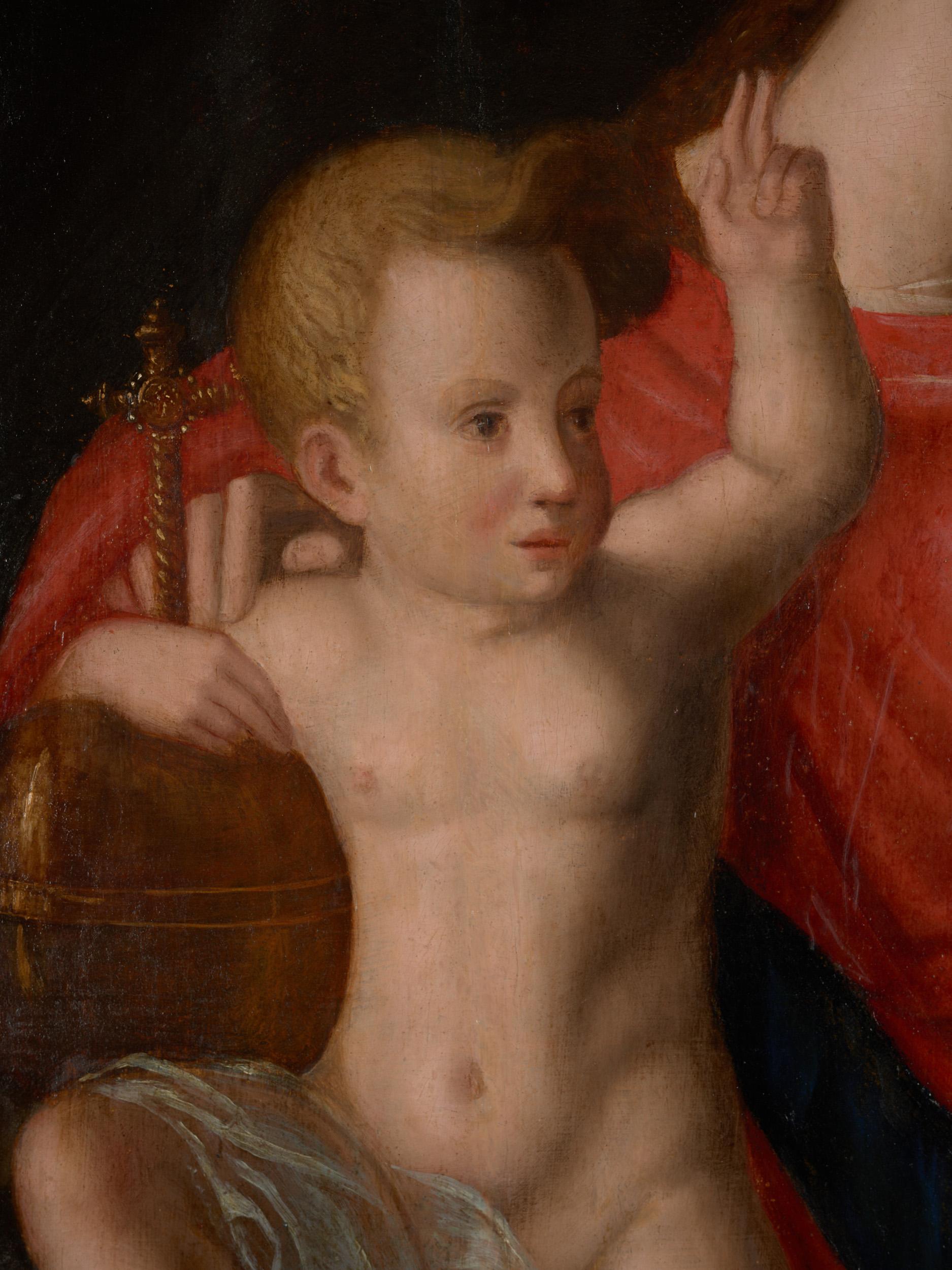 Flämische Schule, Gemälde von Madonna und Kind, Öl auf Tafel, gerahmt im Zustand „Gut“ im Angebot in Leuven , BE