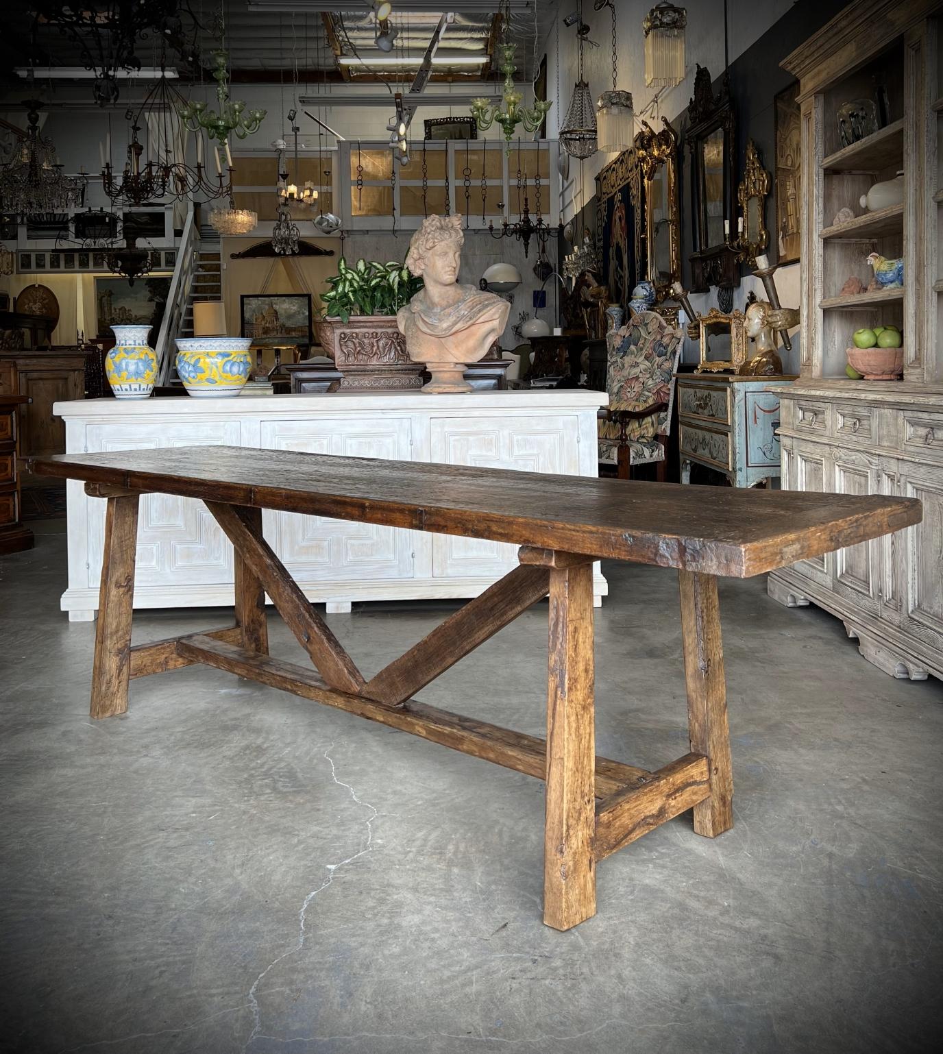 Primitive Late 17th C Italian Chestnut Trestle Table also Available in Custom Sizes For Sale