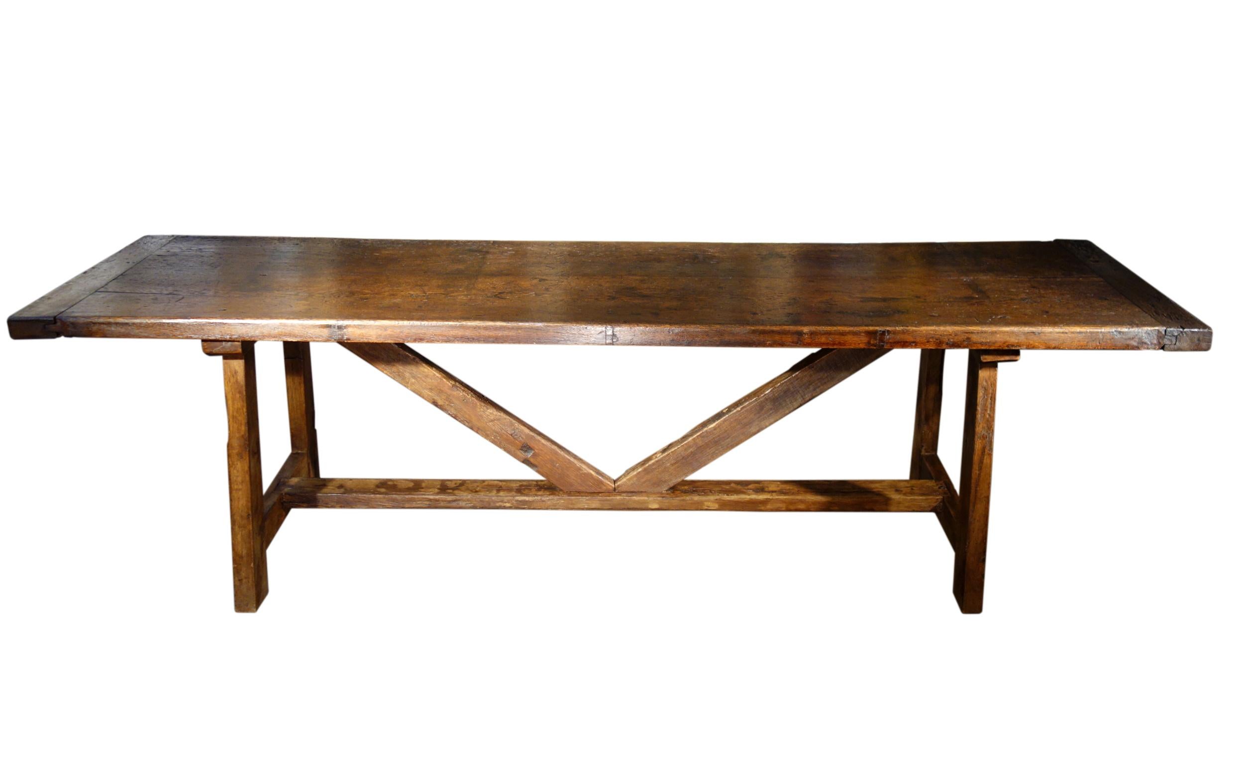 Forged Late 17th C Italian Chestnut Trestle Table also Available in Custom Sizes For Sale