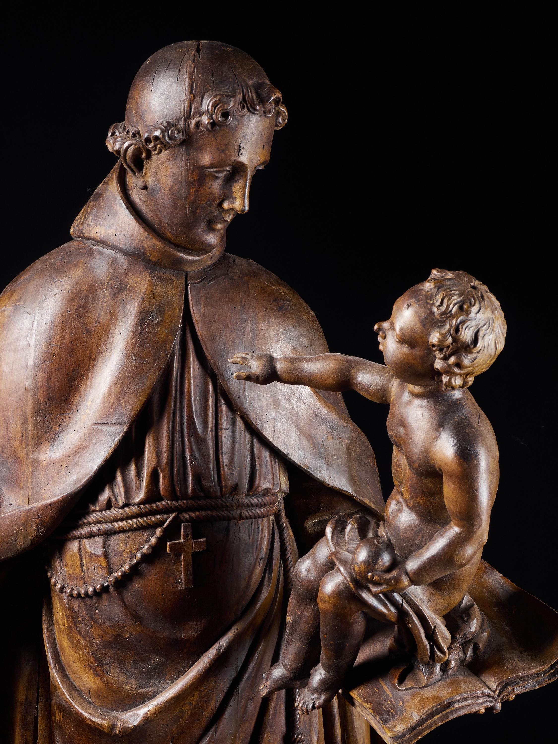 Holzskulptur des Heiligen Antonius und des Kindes aus der italienischen Schule des späten 17. Jahrhunderts im Angebot 5