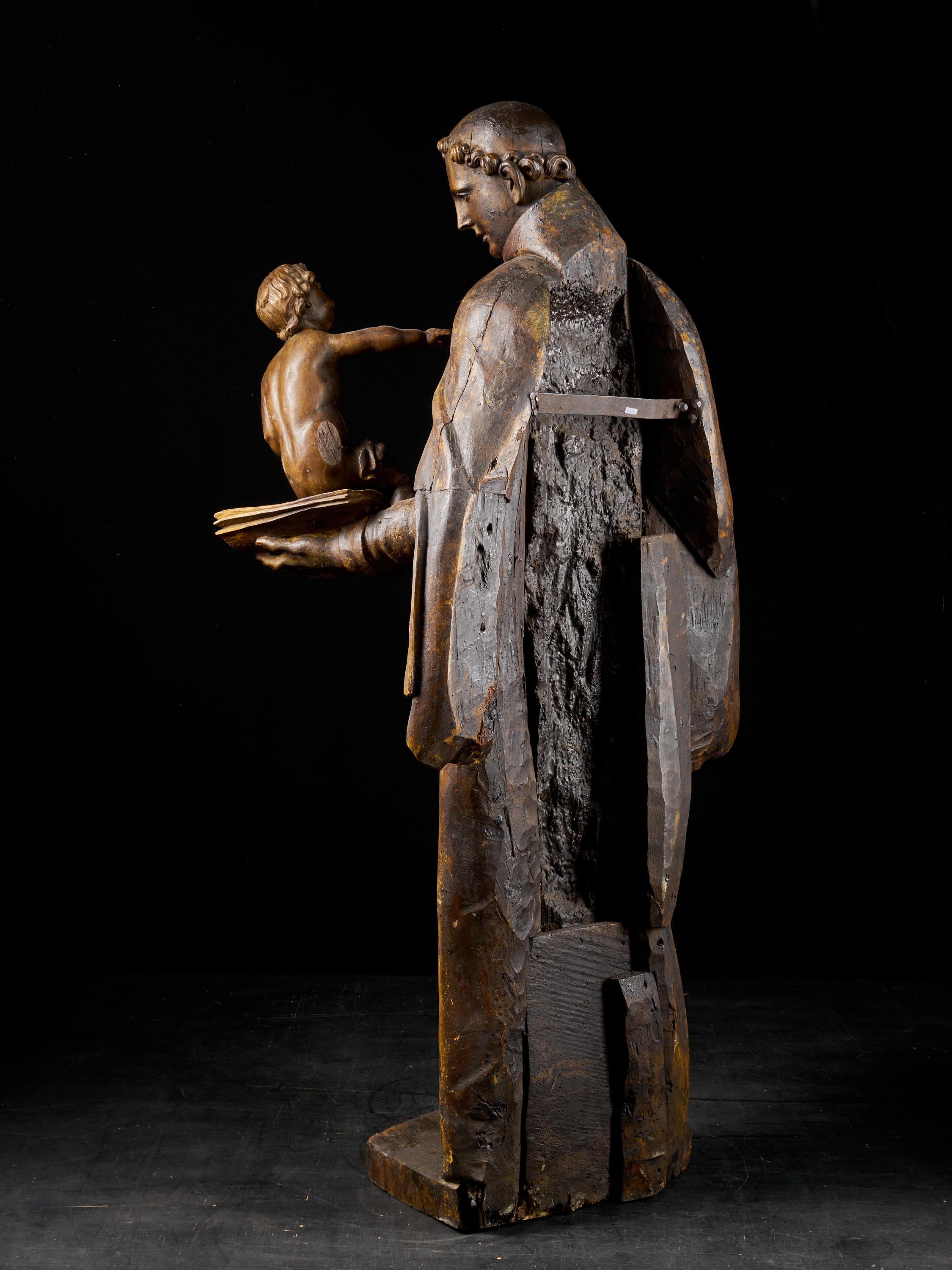 Late 17th Century Italian School Wooden Sculpture of Saint Anthony and the Child In Fair Condition For Sale In Leuven , BE