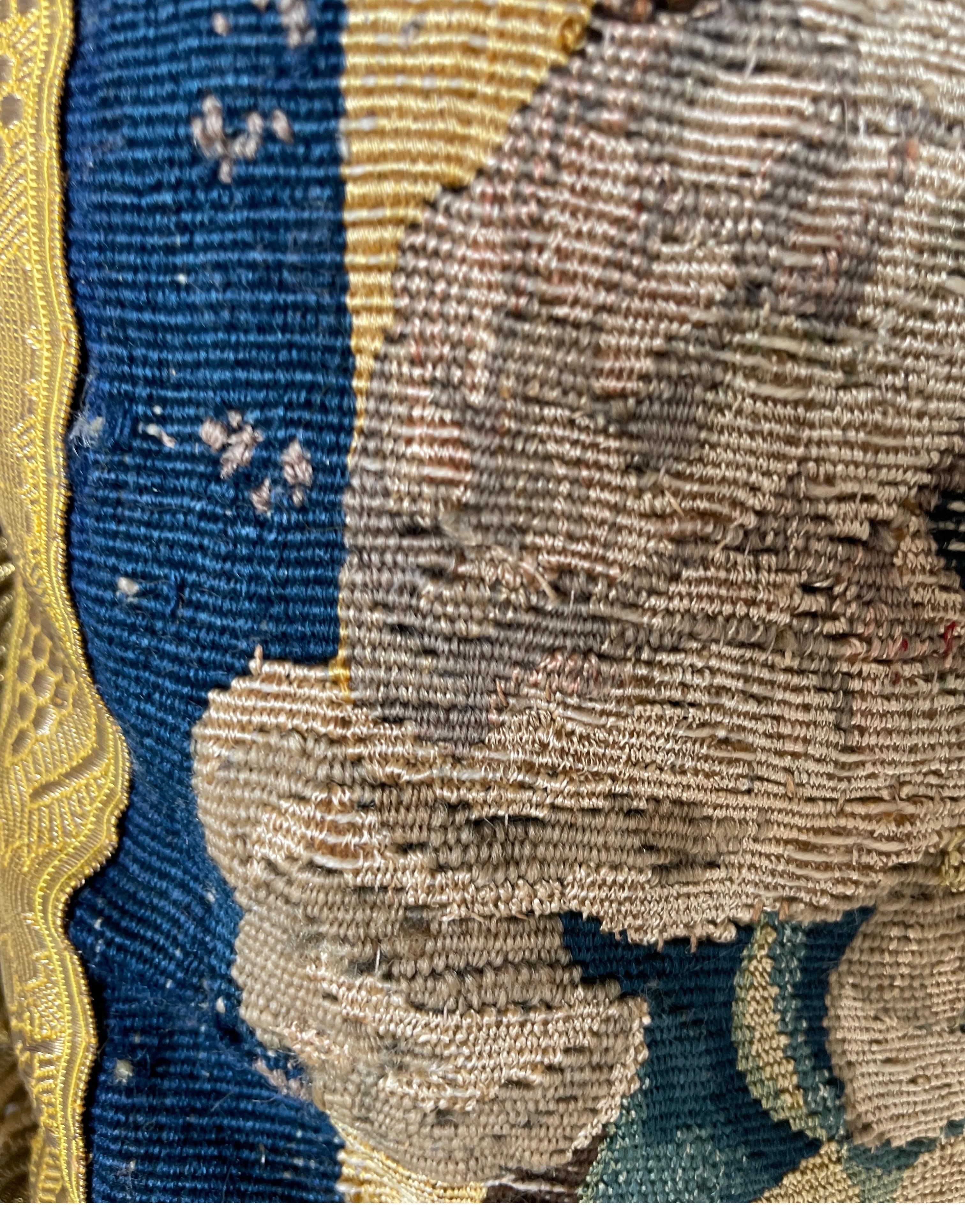 Late 17th C tapestry fragment now as a pillow with silk metal thread border  For Sale 3