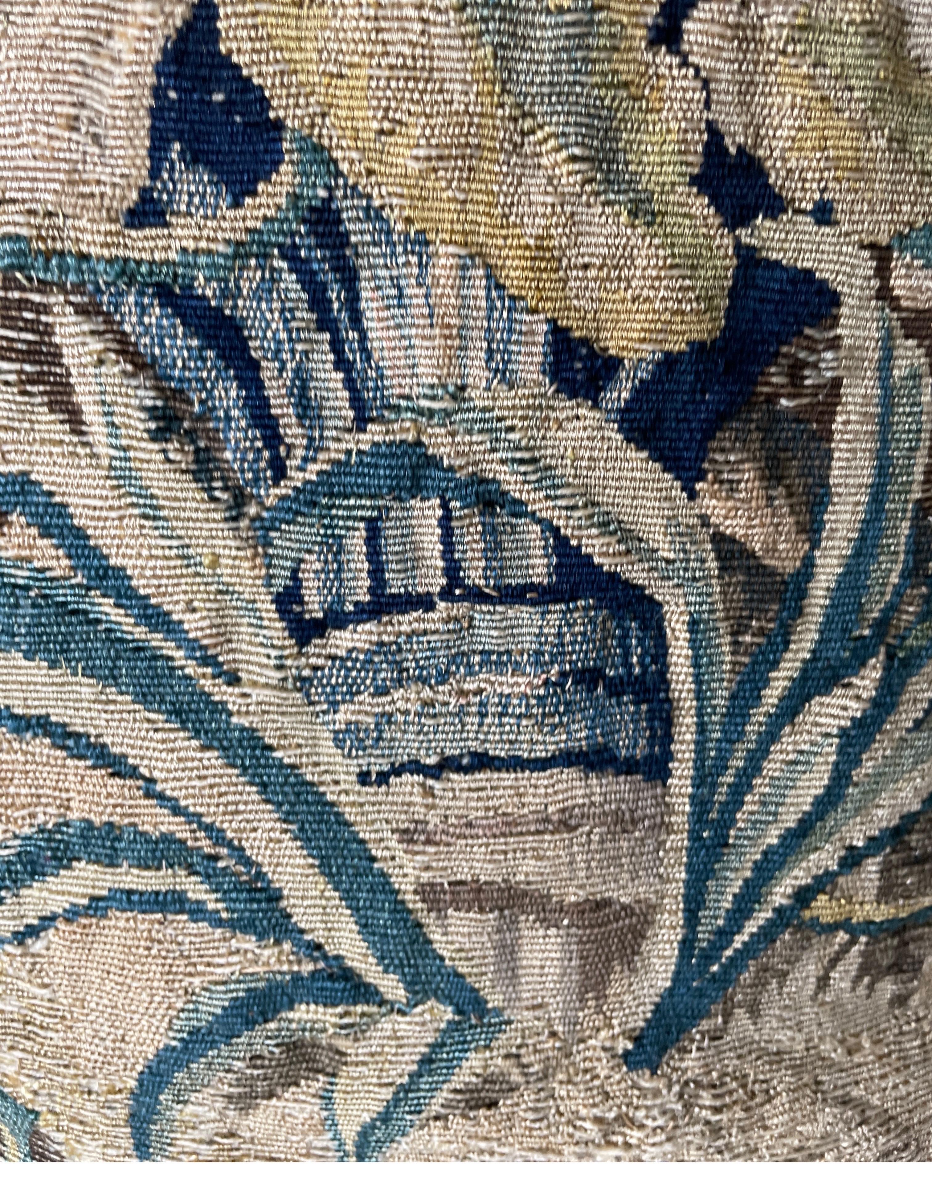 Late 17th C tapestry fragment now as a pillow with silk metal thread border  For Sale 4
