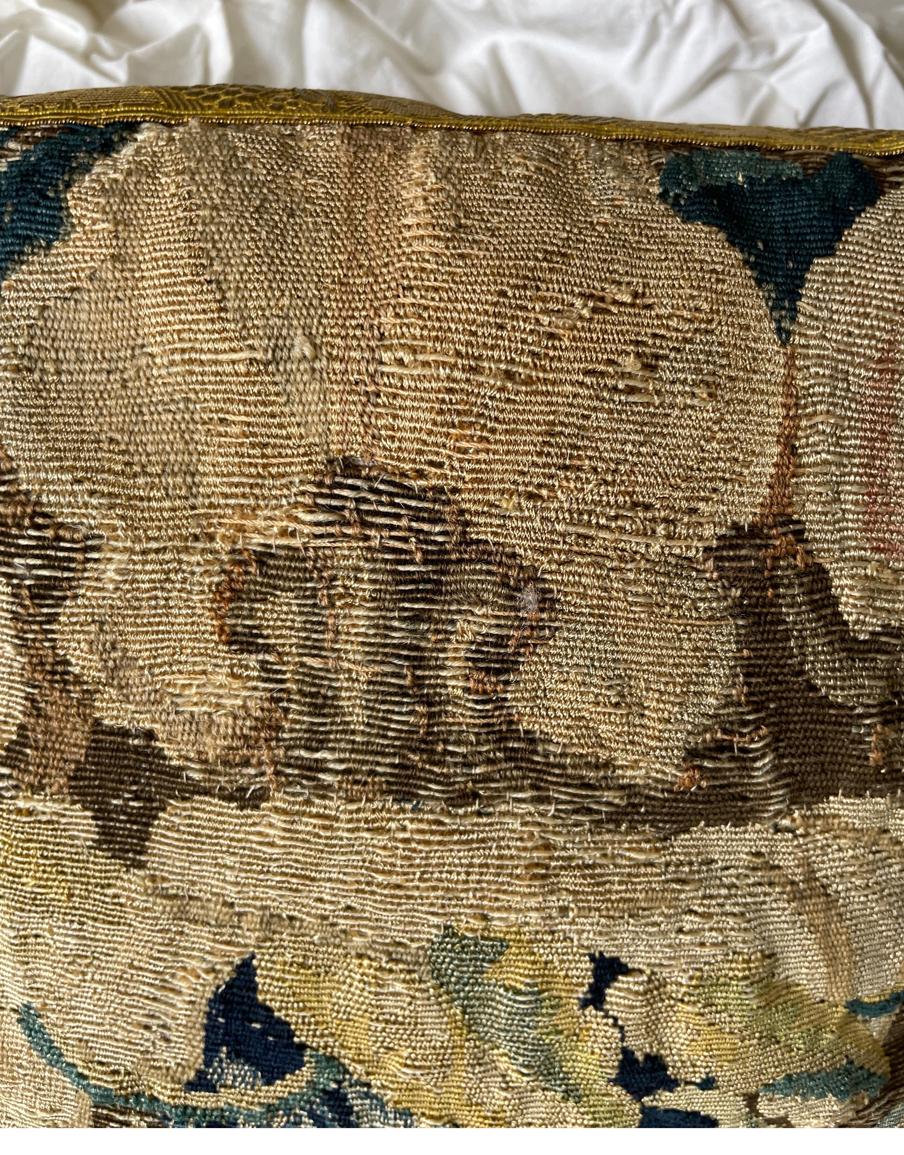 Late 17th C tapestry fragment now as a pillow with silk metal thread border  For Sale 5