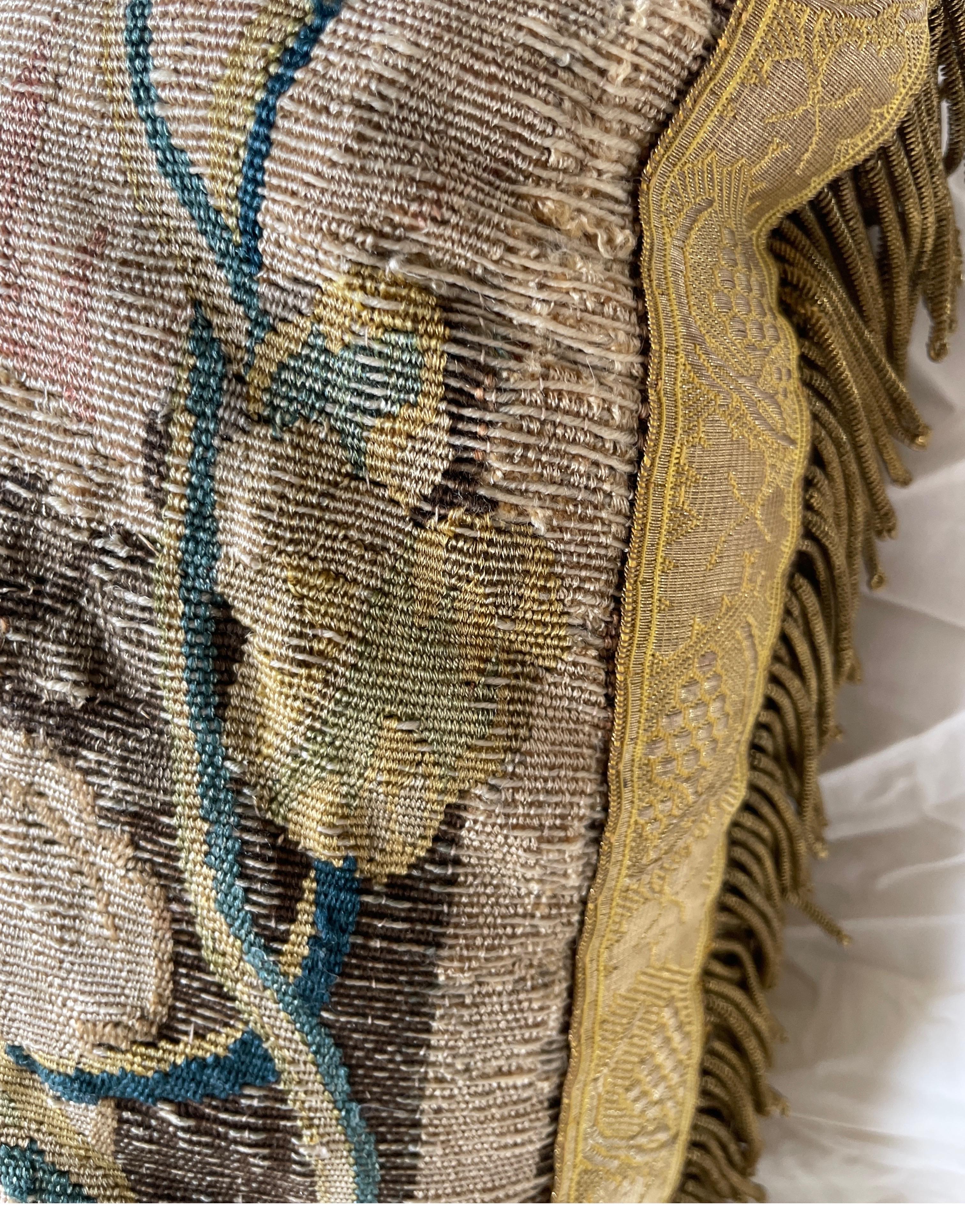 Late 17th C tapestry fragment now as a pillow with silk metal thread border  For Sale 6