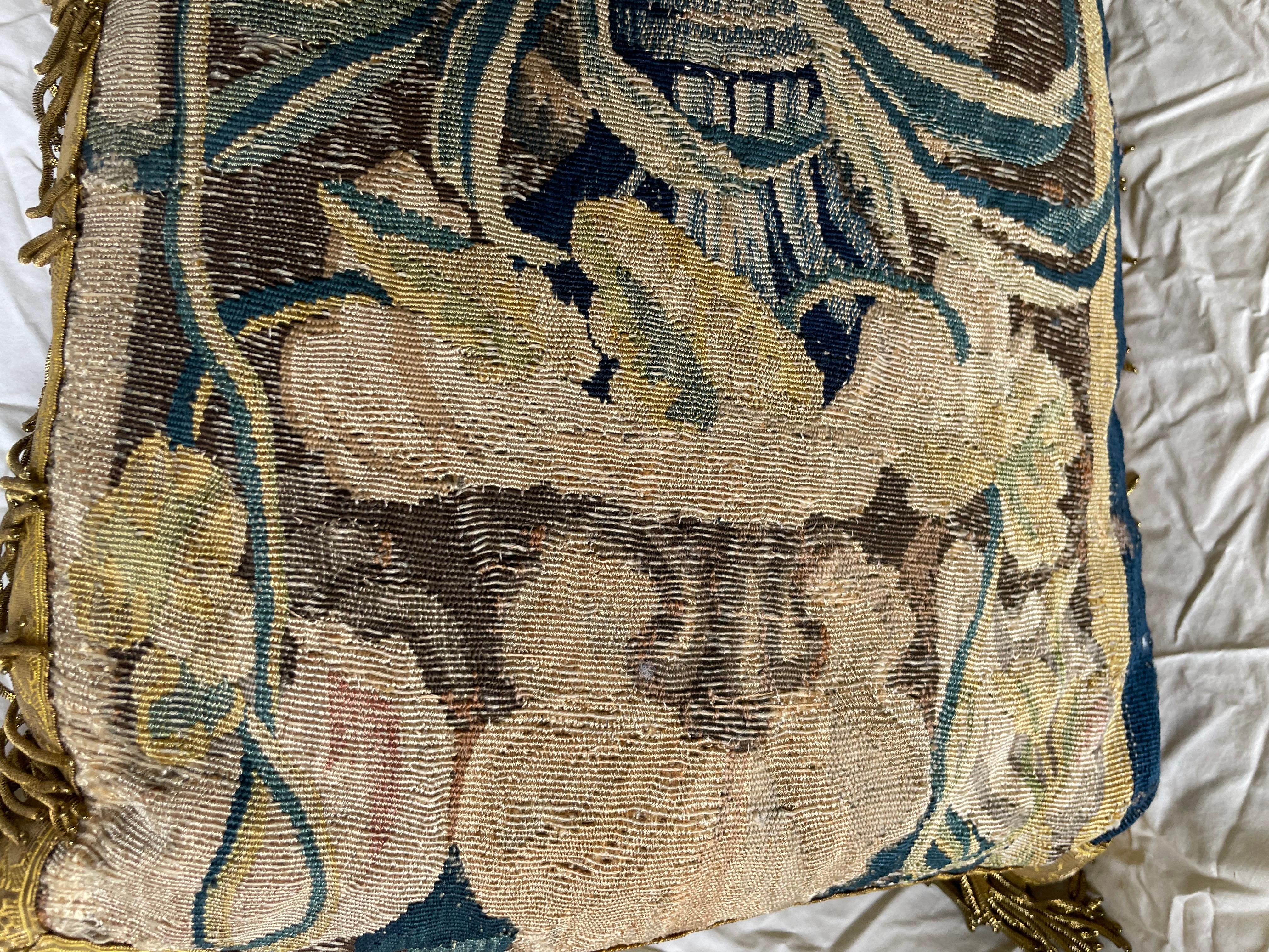 Baroque Late 17th C tapestry fragment now as a pillow with silk metal thread border  For Sale