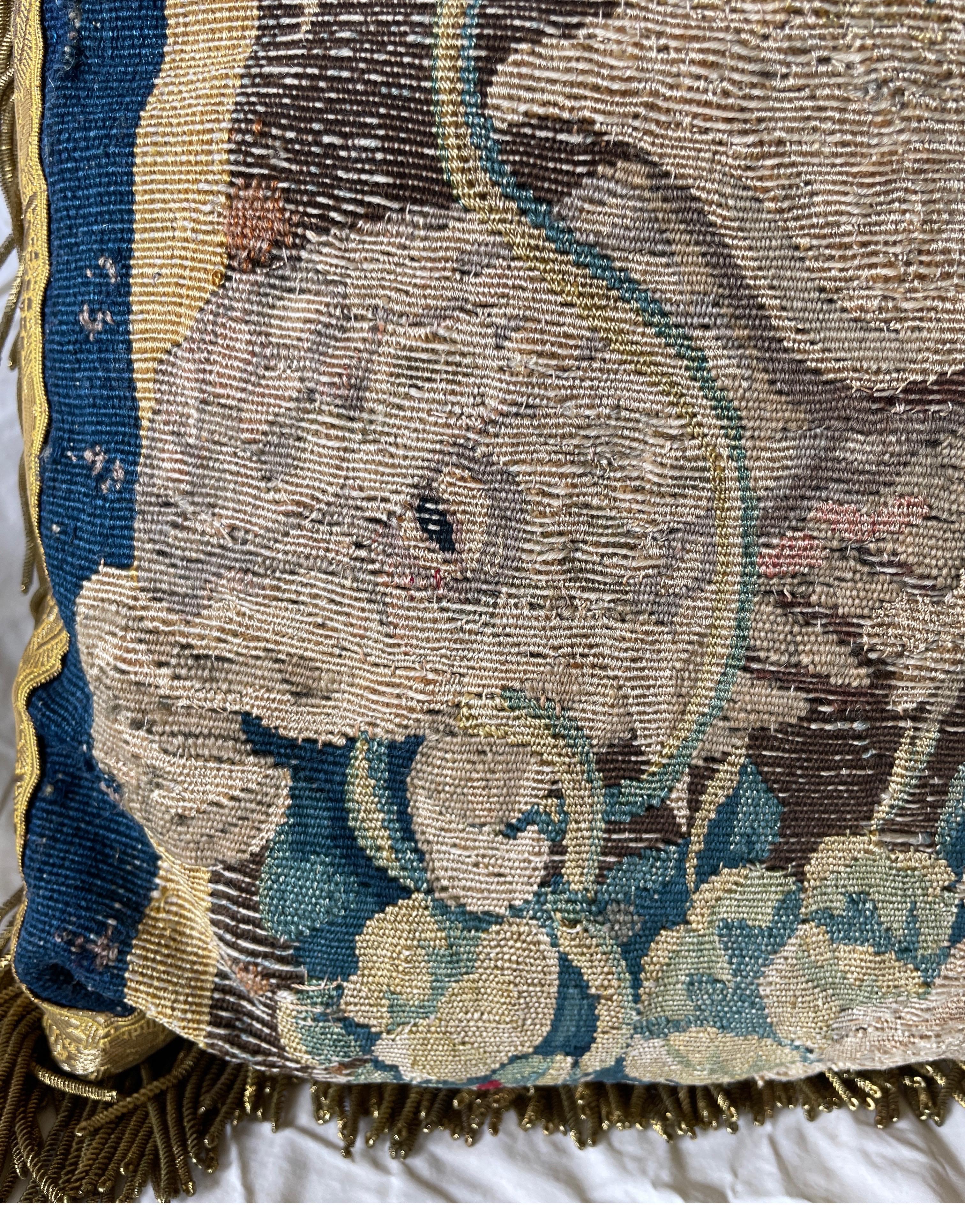 Late 17th C tapestry fragment now as a pillow with silk metal thread border  In Good Condition For Sale In Oakville, ON