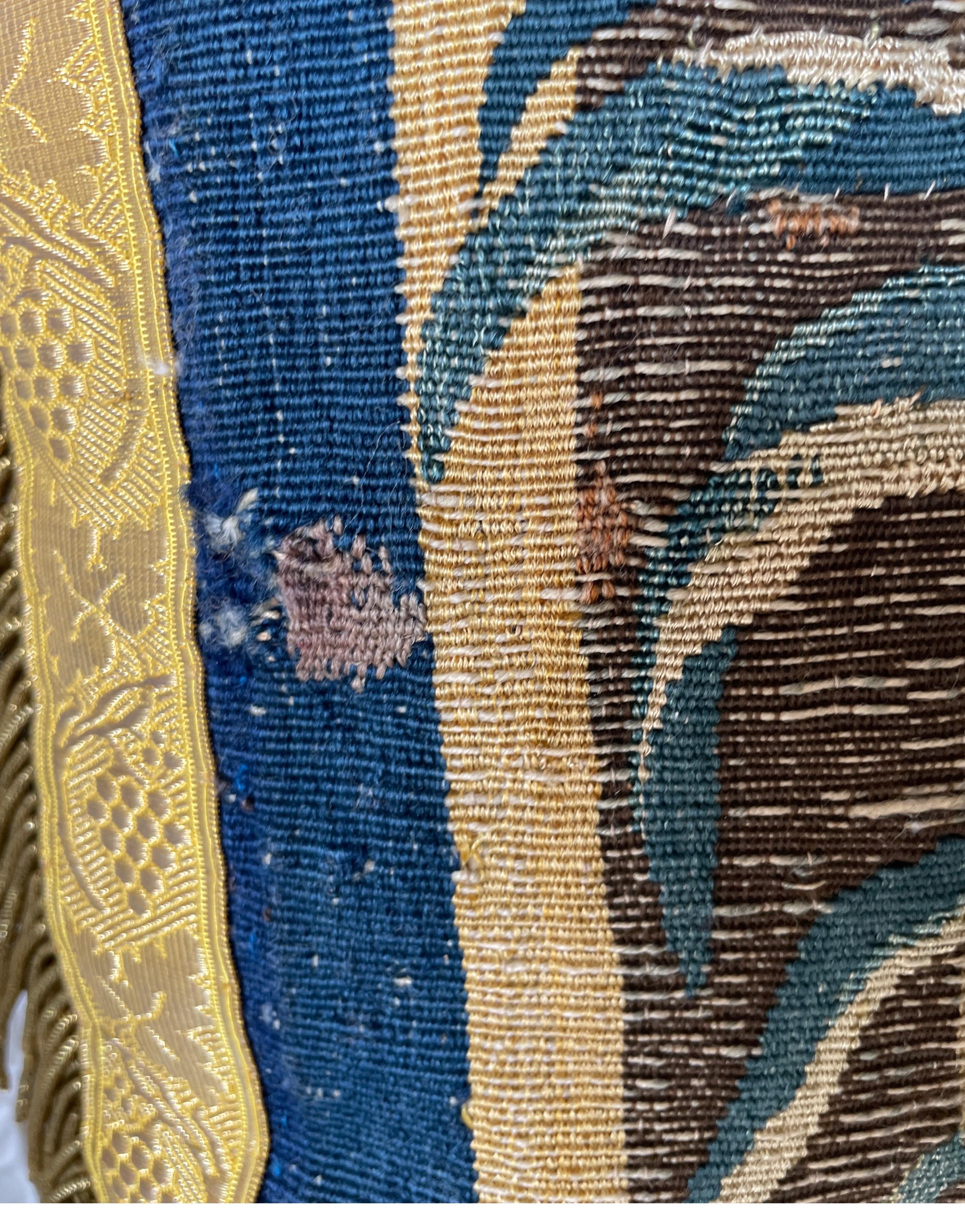 Late 17th C tapestry fragment now as a pillow with silk metal thread border  For Sale 1