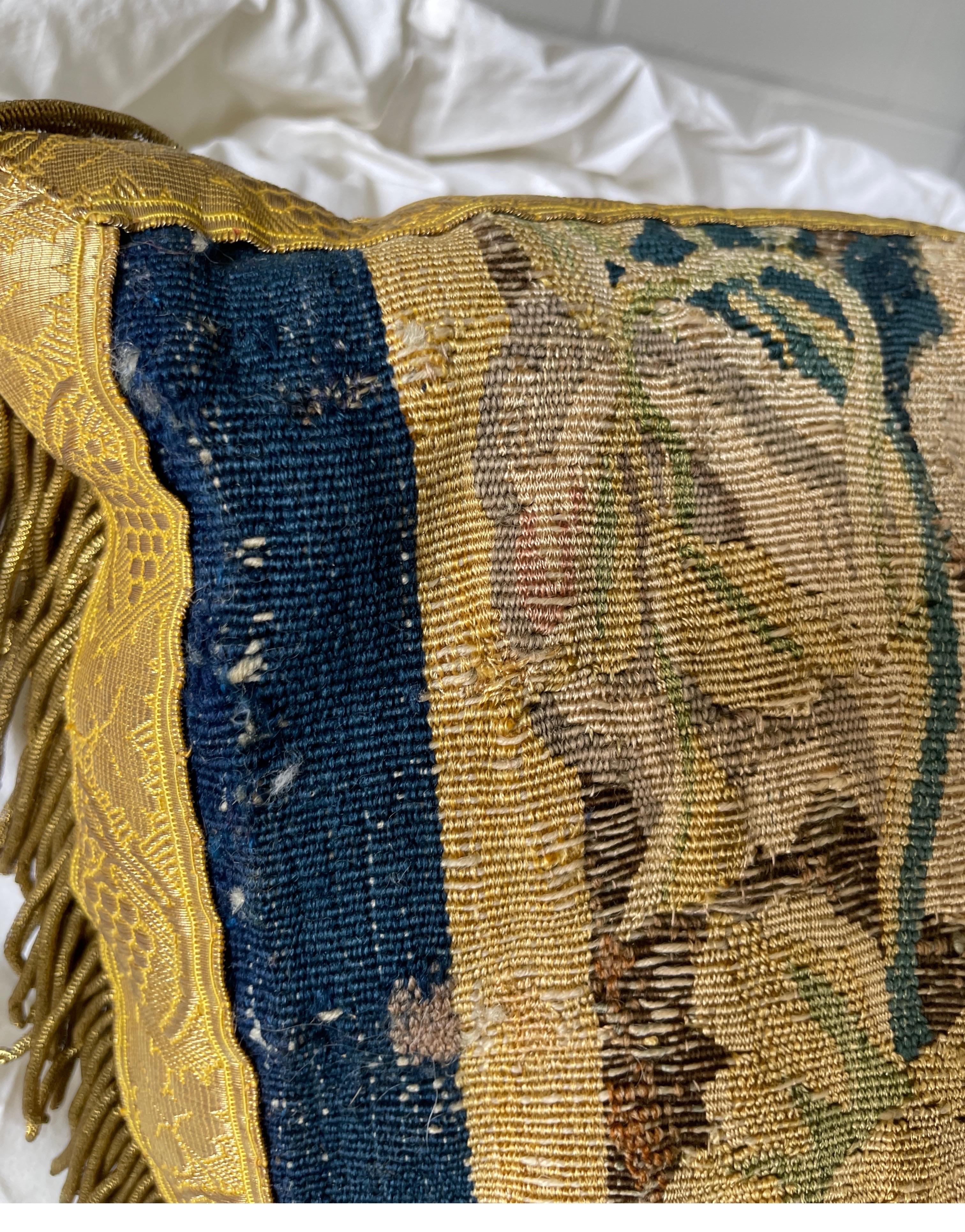 Late 17th C tapestry fragment now as a pillow with silk metal thread border  For Sale 2