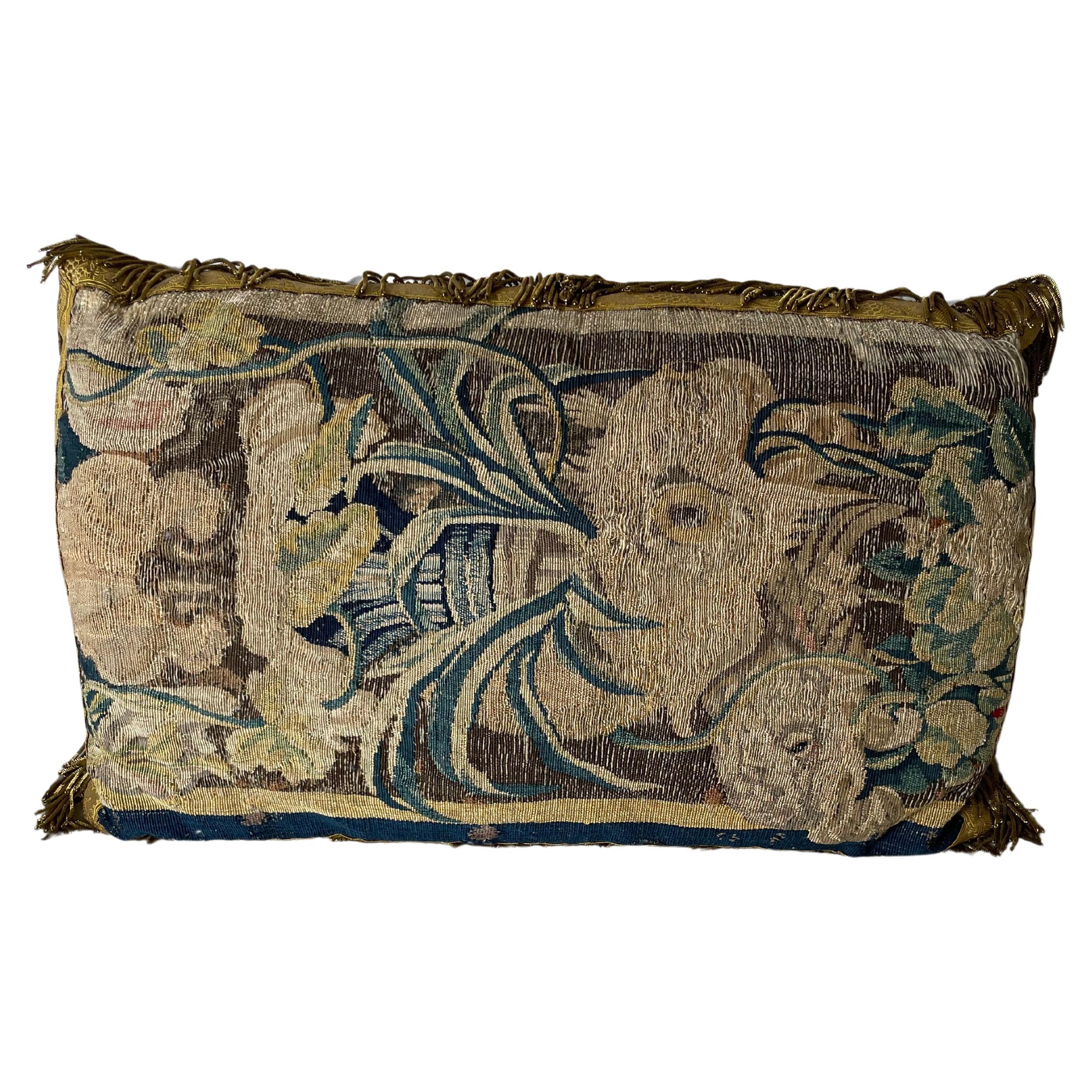 Late 17th C tapestry fragment now as a pillow with silk metal thread border  For Sale
