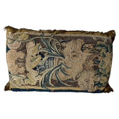 Late 17th C tapestry fragment now as a pillow with silk metal thread border 