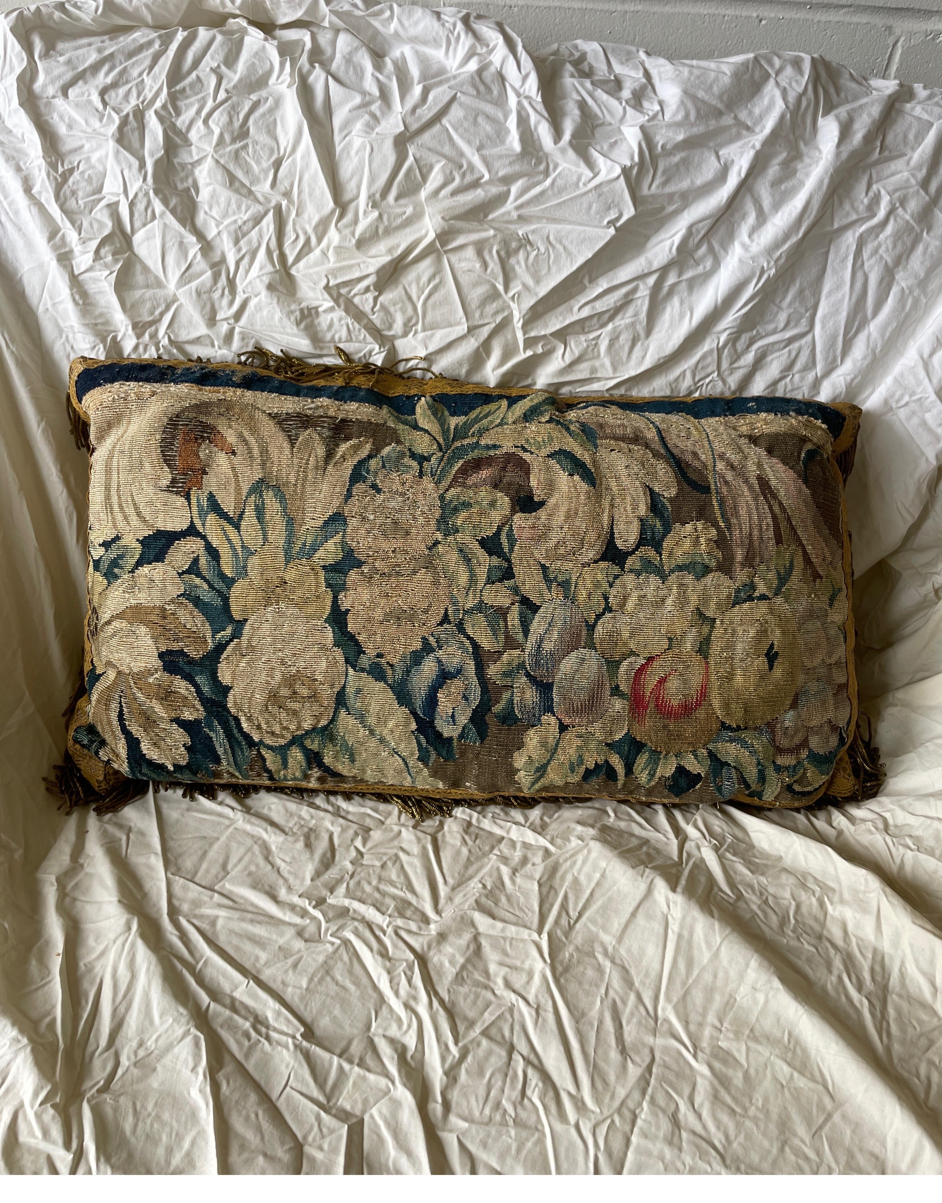 Beautiful 17th C fragment now as a pillow with linen backing and silk metal thread border