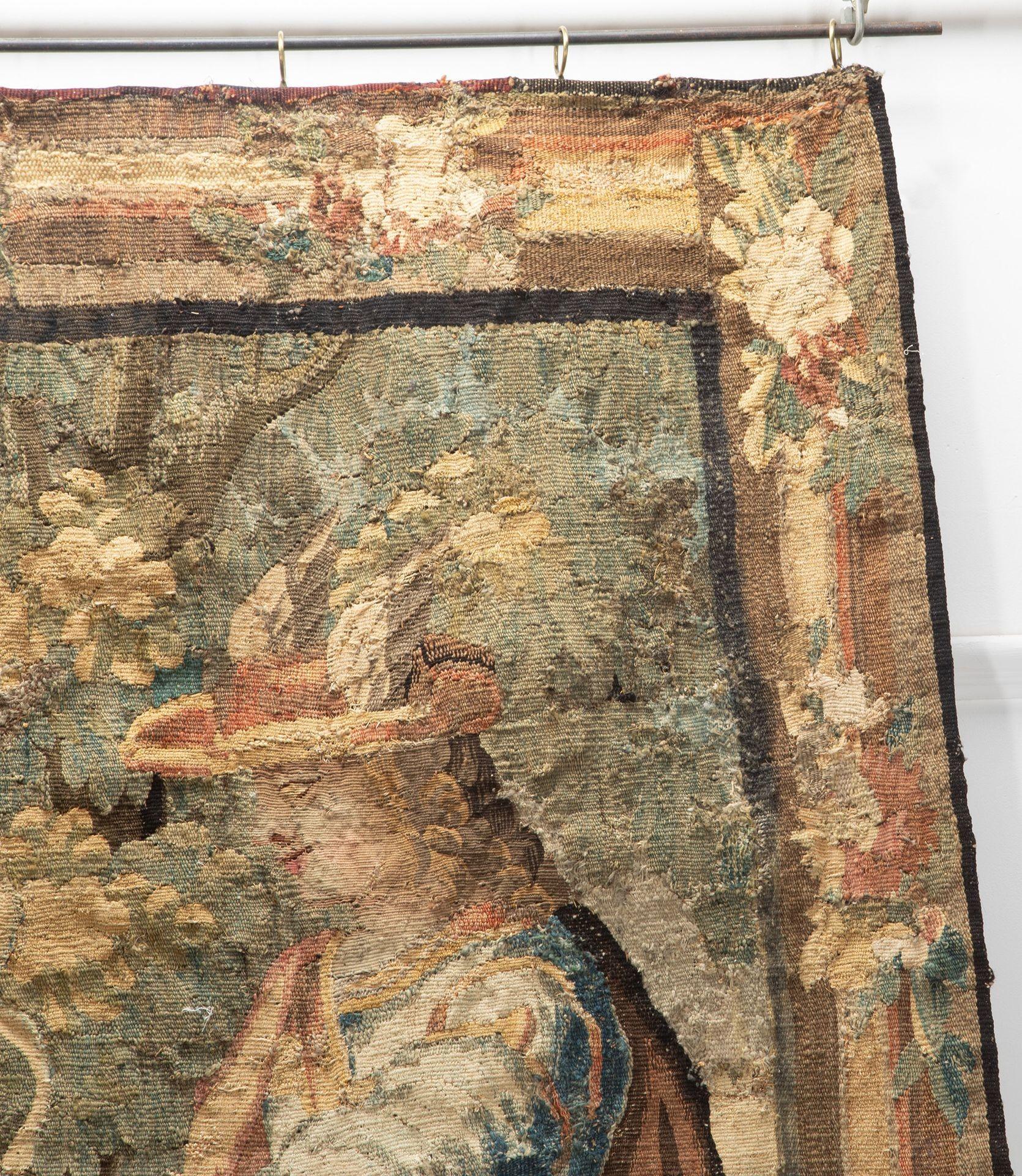 A late 17th Century Aubusson tapestry, depicting Mercury, in the classical style with richly decorated flora and foliage border.
In Greek mythology, Hermes (the Romans knew him as Mercury), the son of Zeus and Maia, was the messenger of the gods and