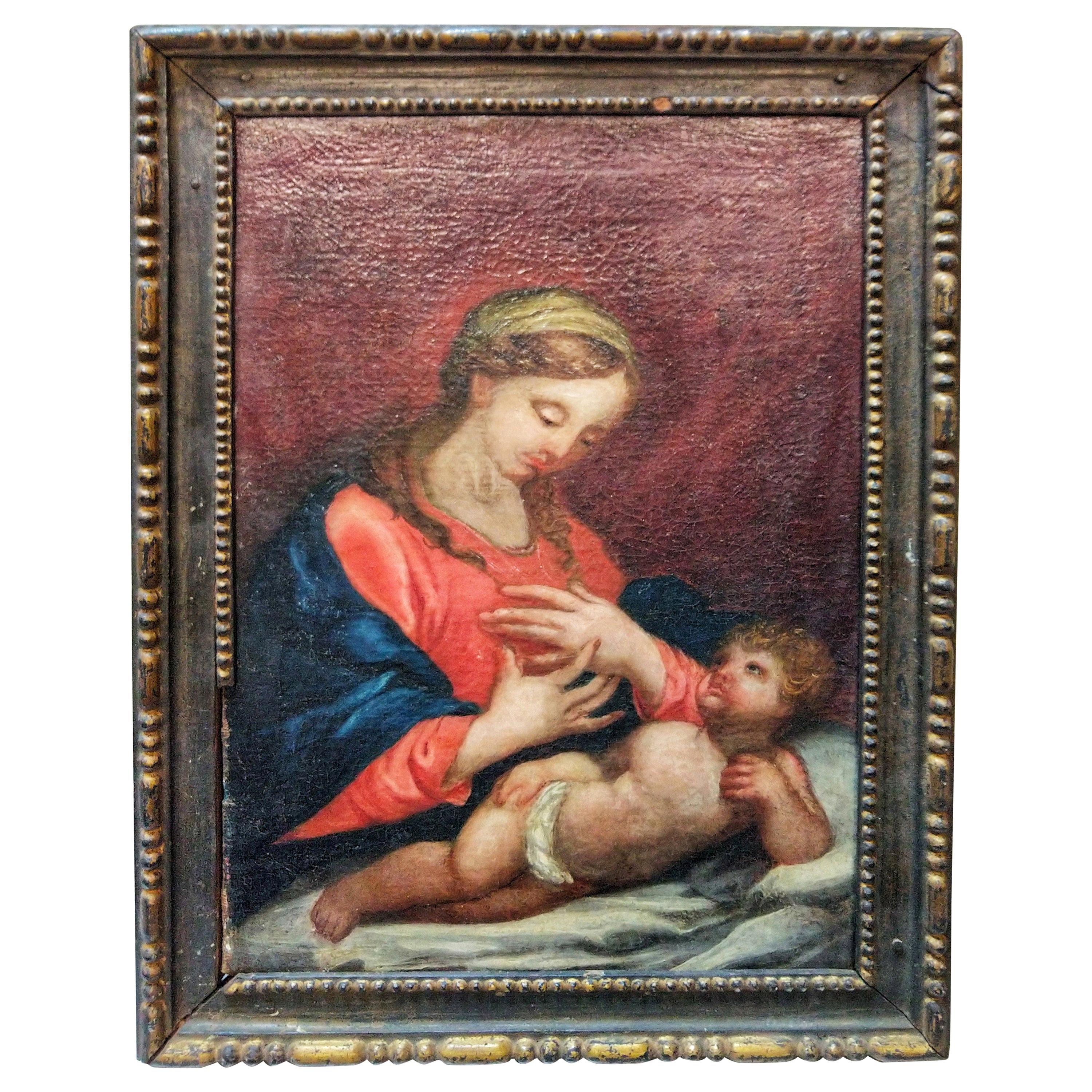 Late 17th Century Baroque Oil on Canvas the Virgin and Jesus For Sale