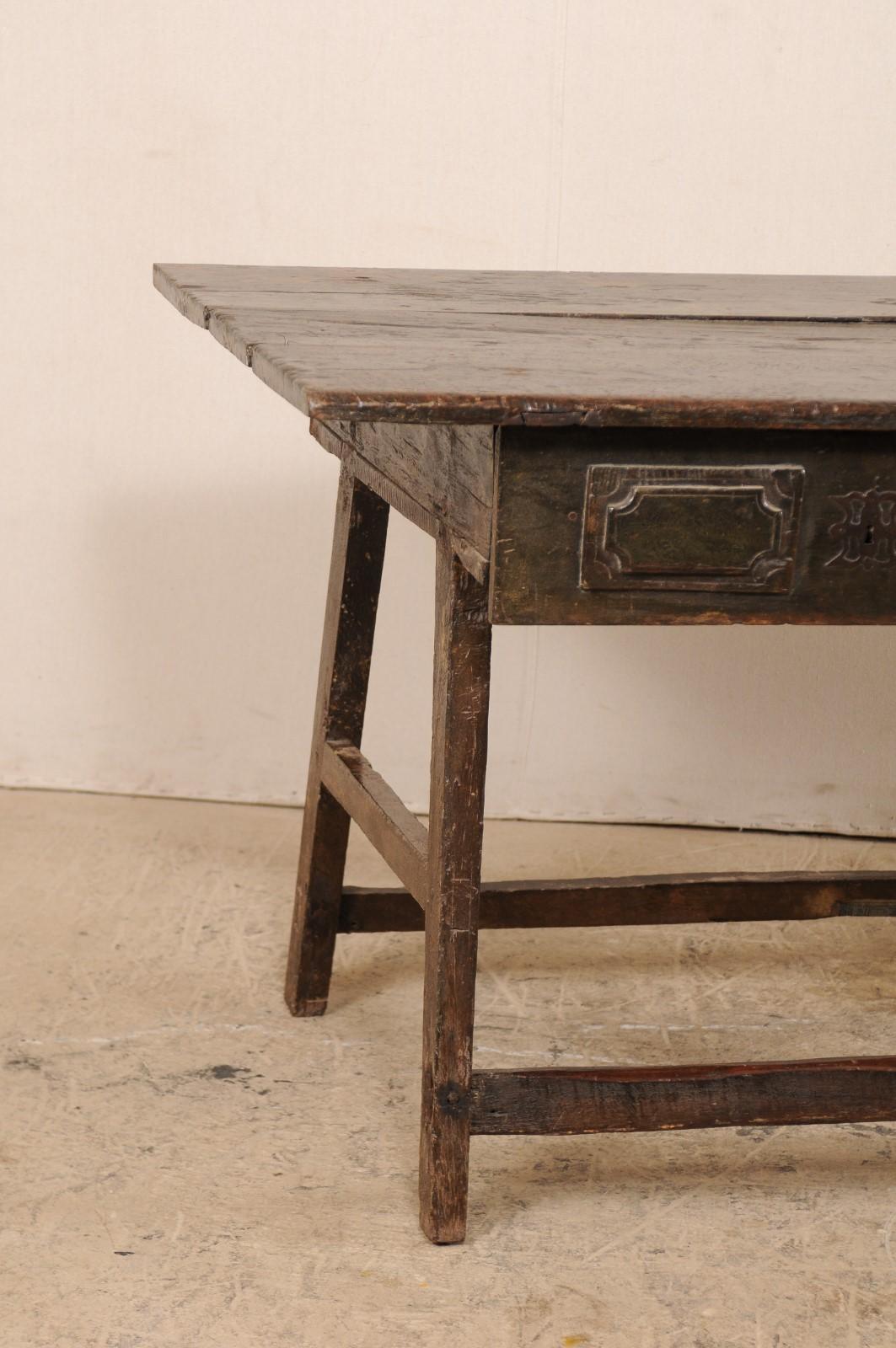 Rustic Late 17th C. Brazilian Peroba Wood Console Table w/Drawers & Sawhorse Style Legs For Sale