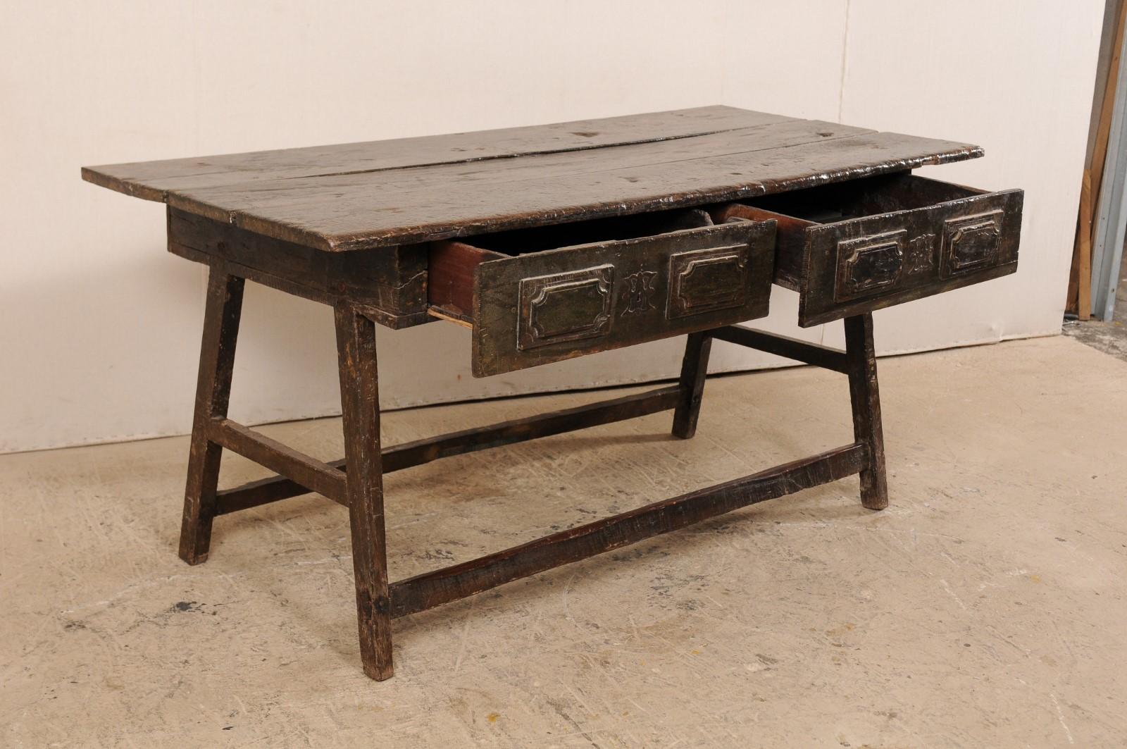 Carved Late 17th C. Brazilian Peroba Wood Console Table w/Drawers & Sawhorse Style Legs For Sale