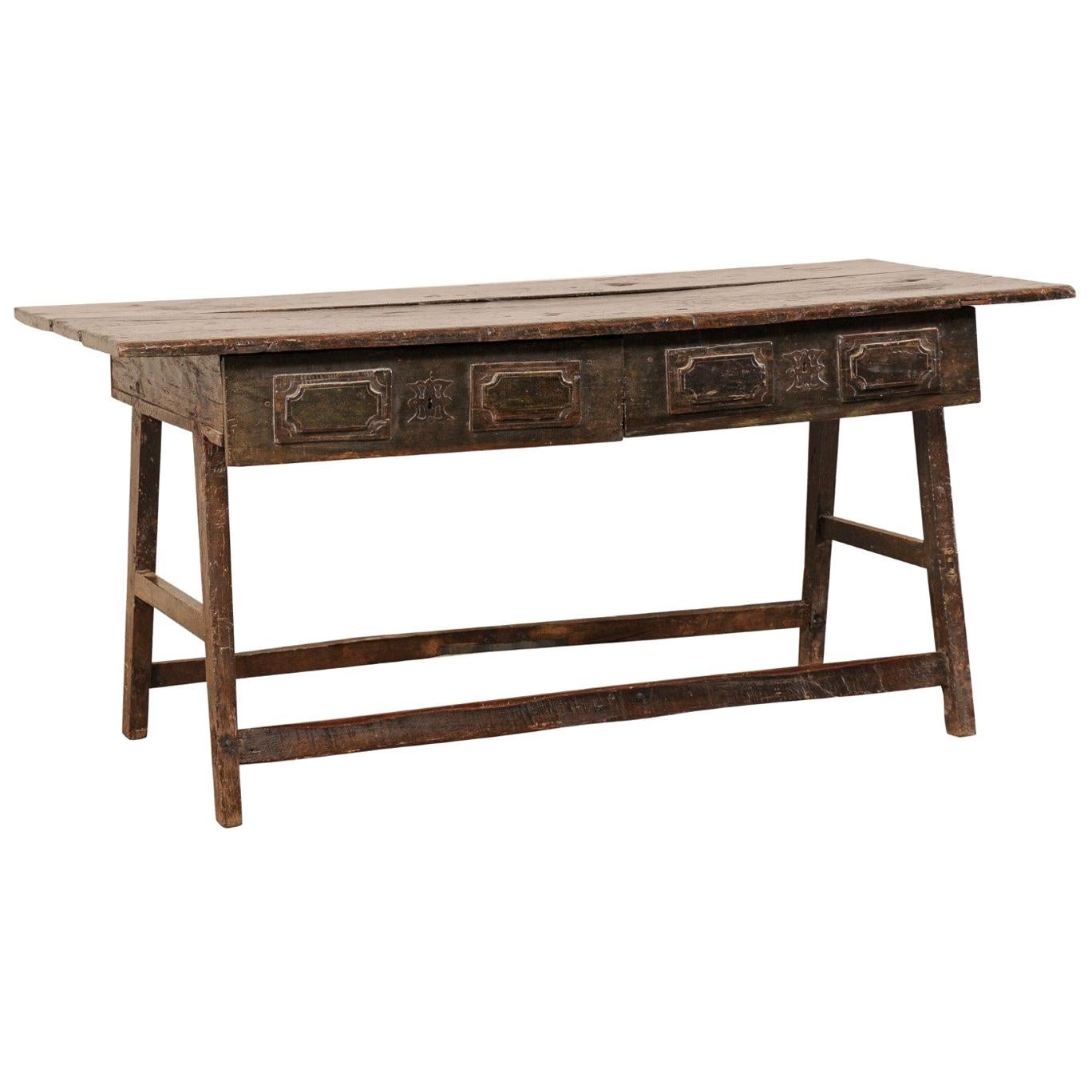 Table console en bois de peroba brésilien de la fin du C.C. avec tiroirs et pieds en forme de chevalet de scie