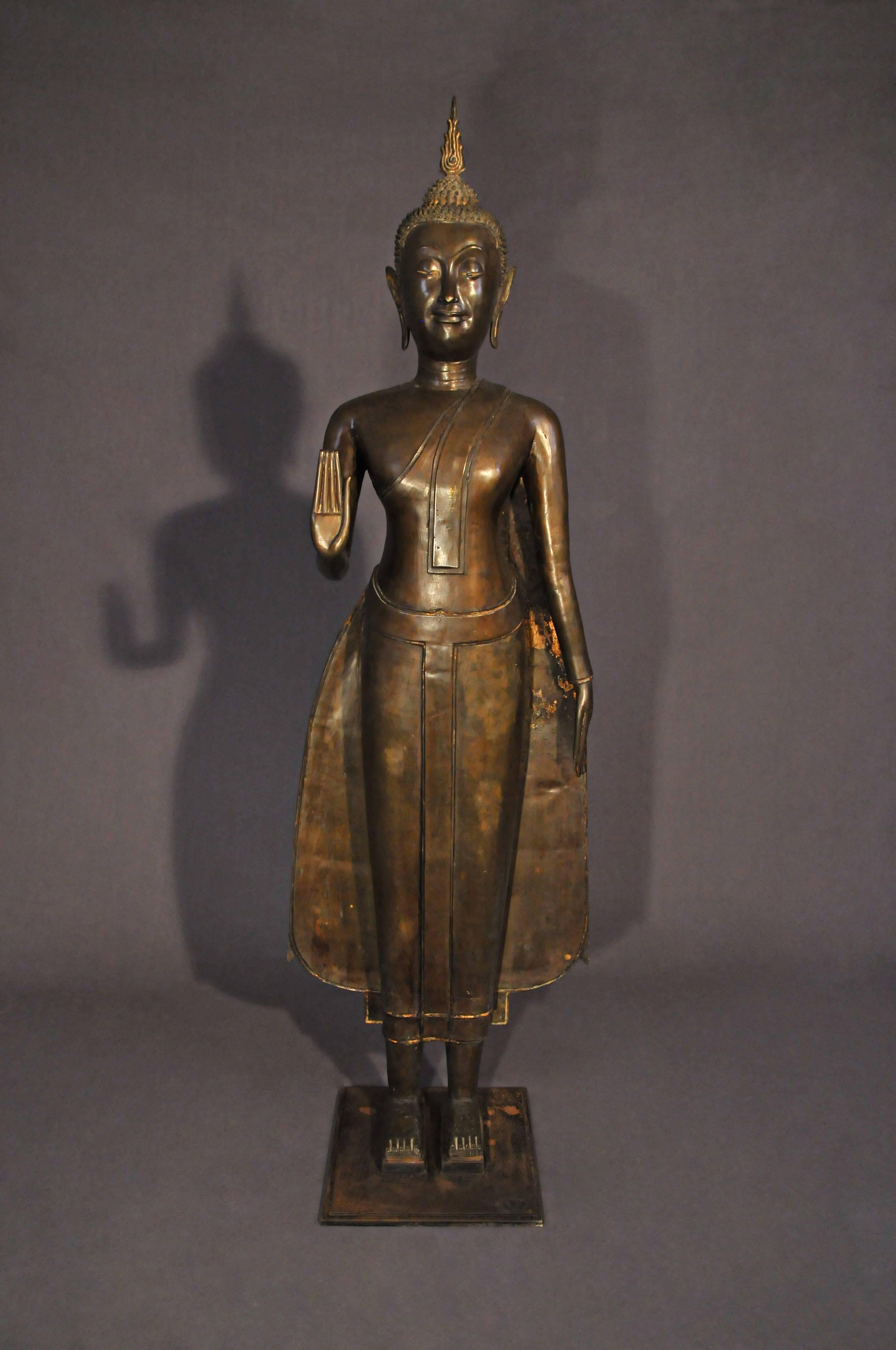 In Ayutthaya period, Buddha images appear more different gestures than the other previous period under the influences of Lopburi, U Thong, and Sukhothai styles. This standing Buddha adopted the Sukhothai style of sculpture showing an oval face, long