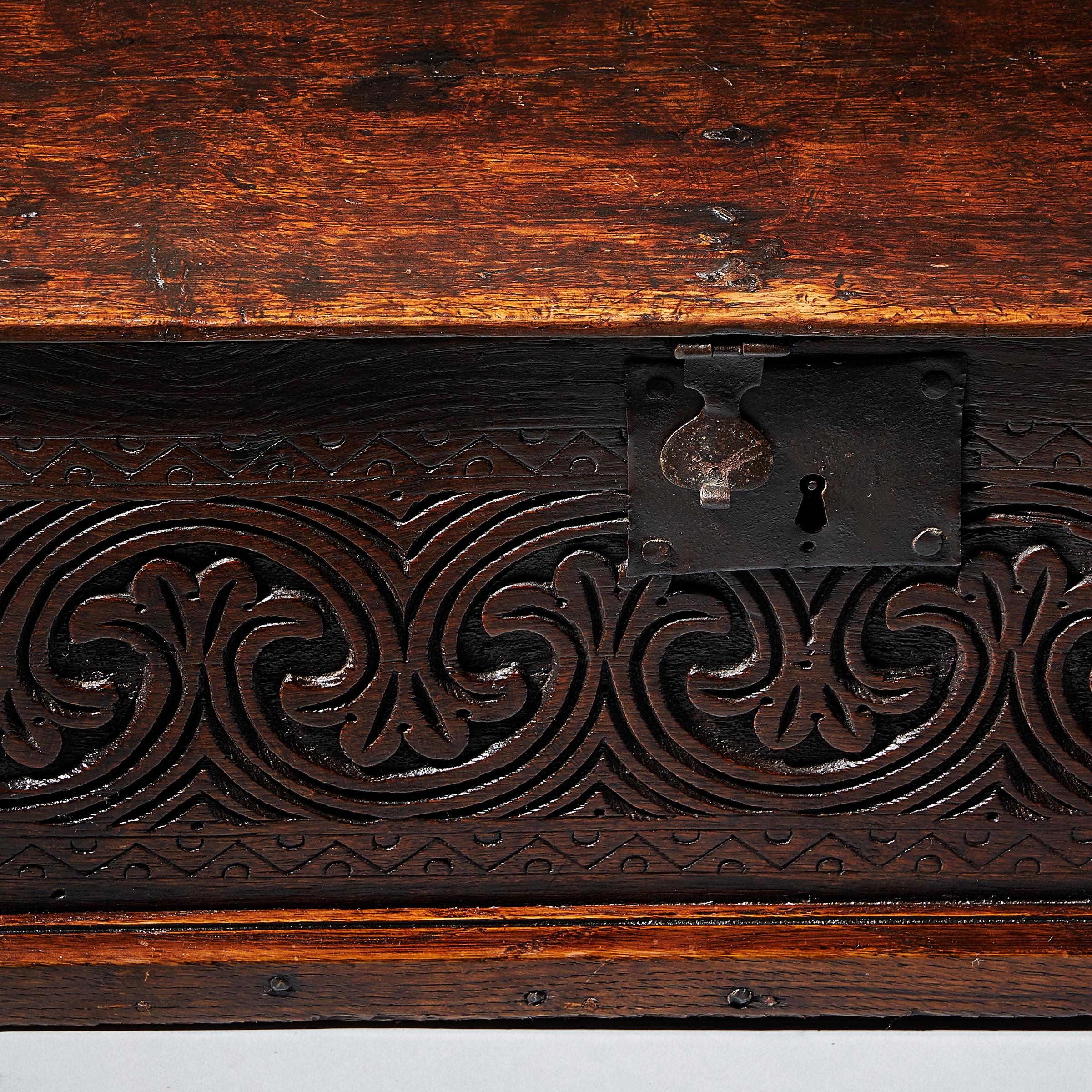 Baroque Late 17th Century Charles II Carved Oak Bible, Deed, Blanket, or Candle Box