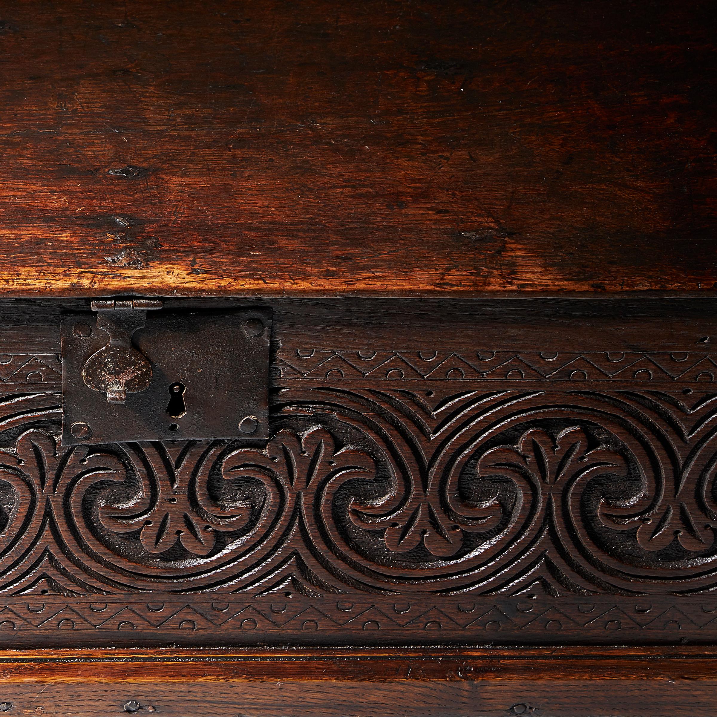 English Late 17th Century Charles II Carved Oak Bible, Deed, Blanket, or Candle Box