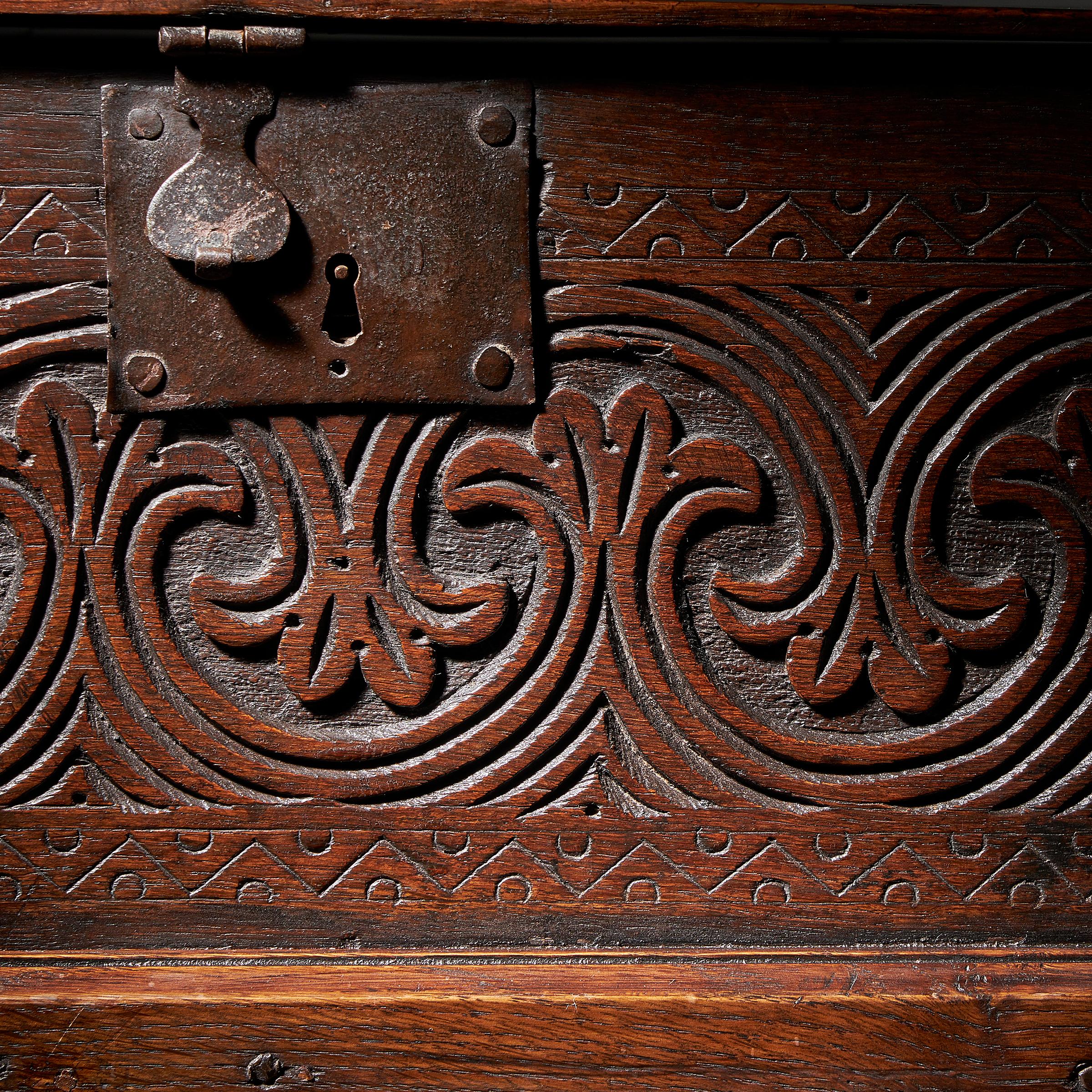 Hand-Carved Late 17th Century Charles II Carved Oak Bible, Deed, Blanket, or Candle Box