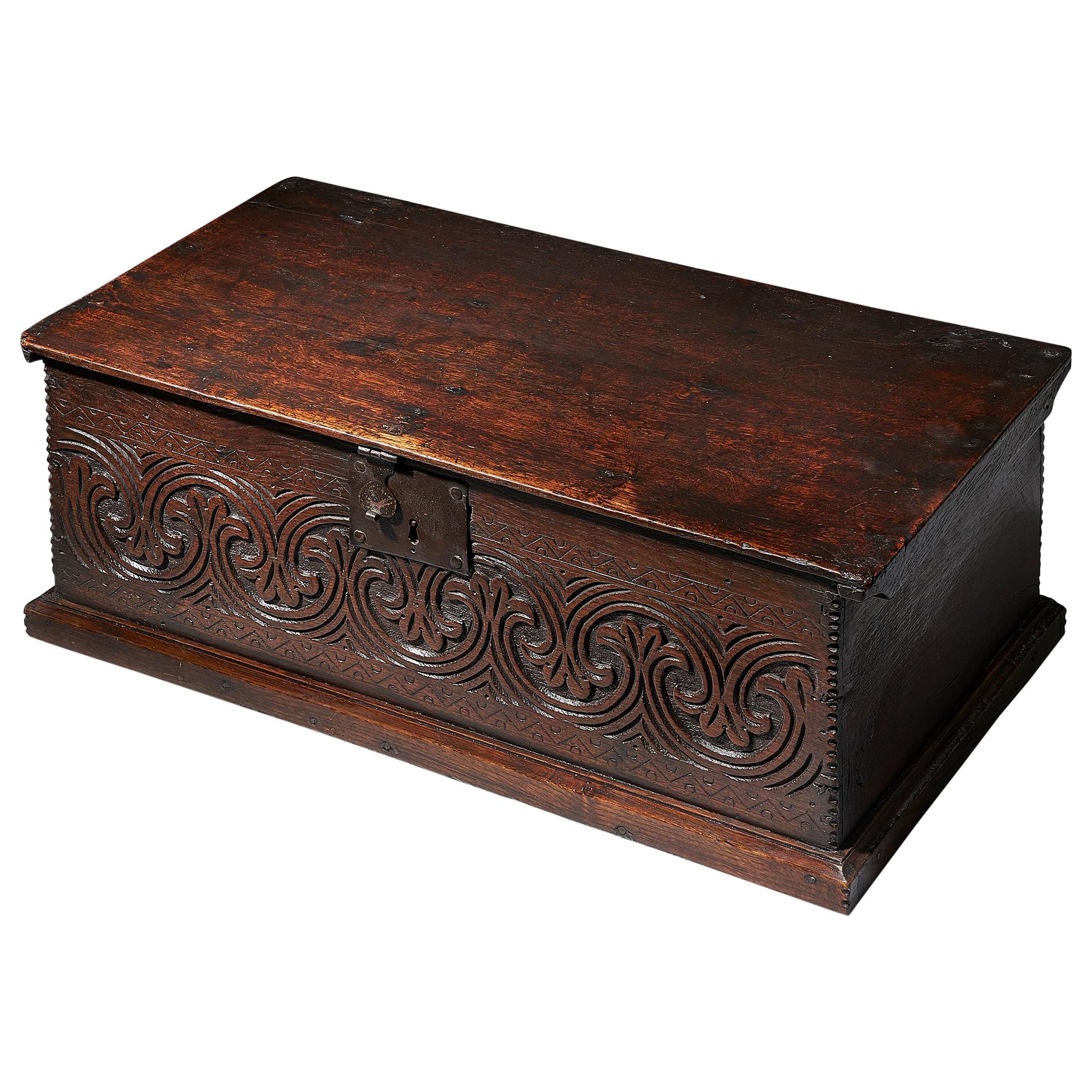 Late 17th Century Charles II Carved Oak Bible, Deed, Blanket, or Candle Box