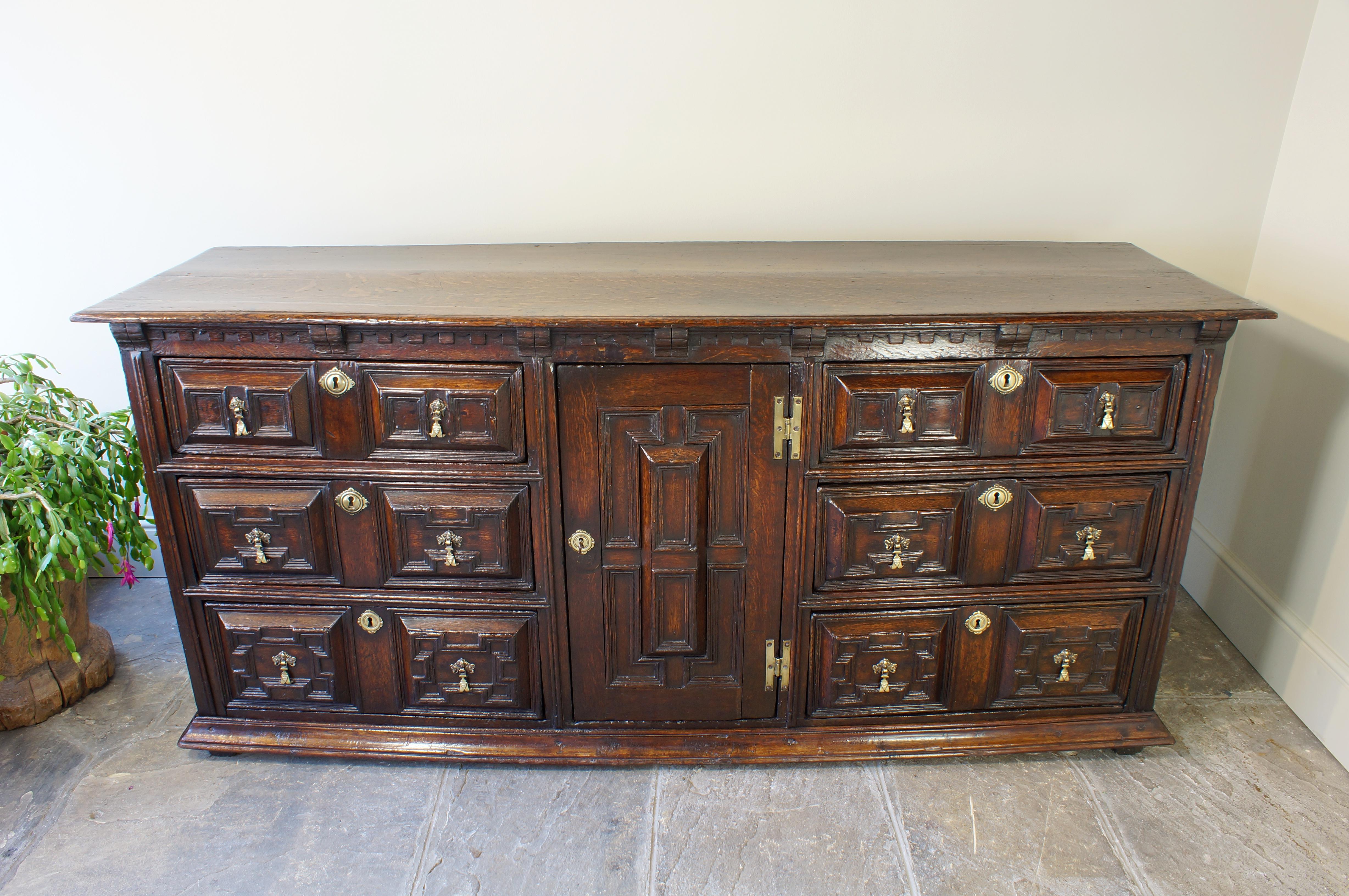 William and Mary Late 17th Century English Oak Geometrically Moulded Dresser Base For Sale