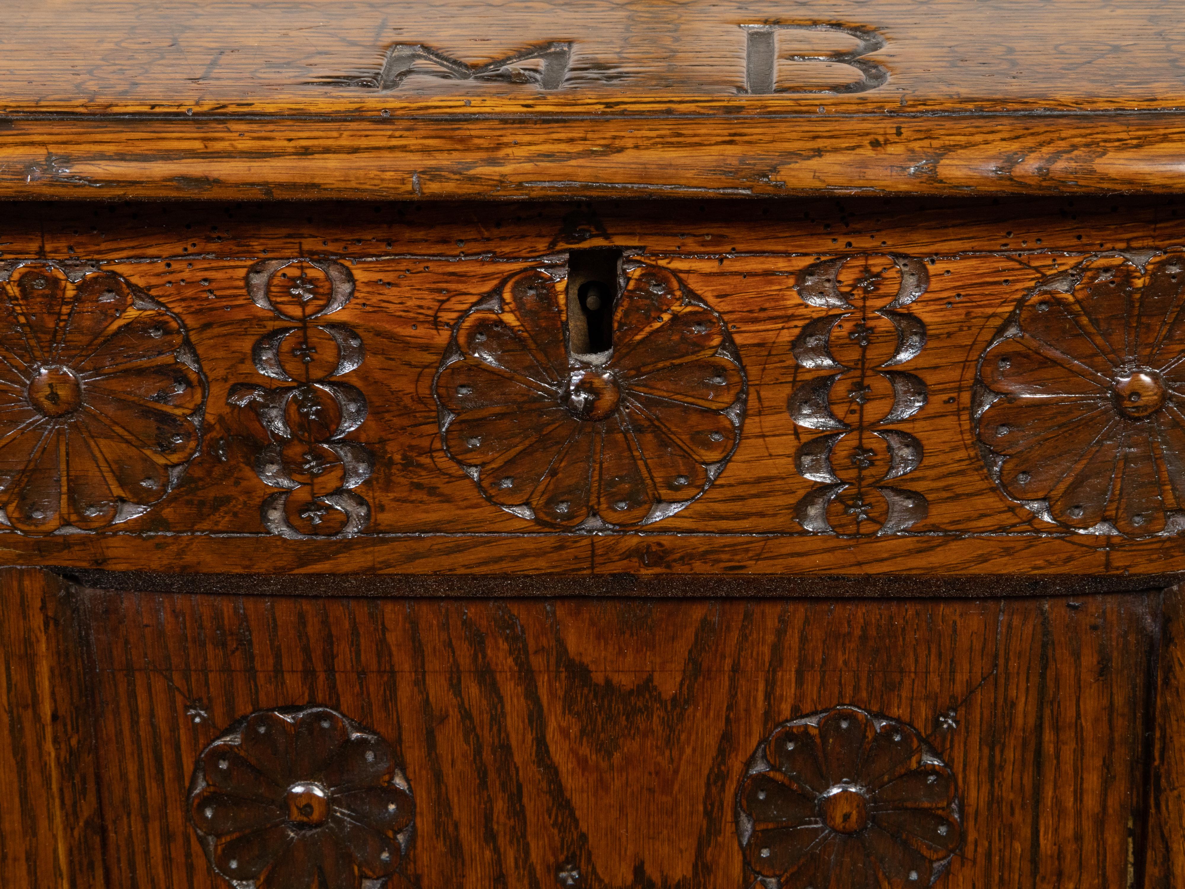 Late 17th Century English Oak Wedding Coffer with Monogram and Carved Rosettes For Sale 4