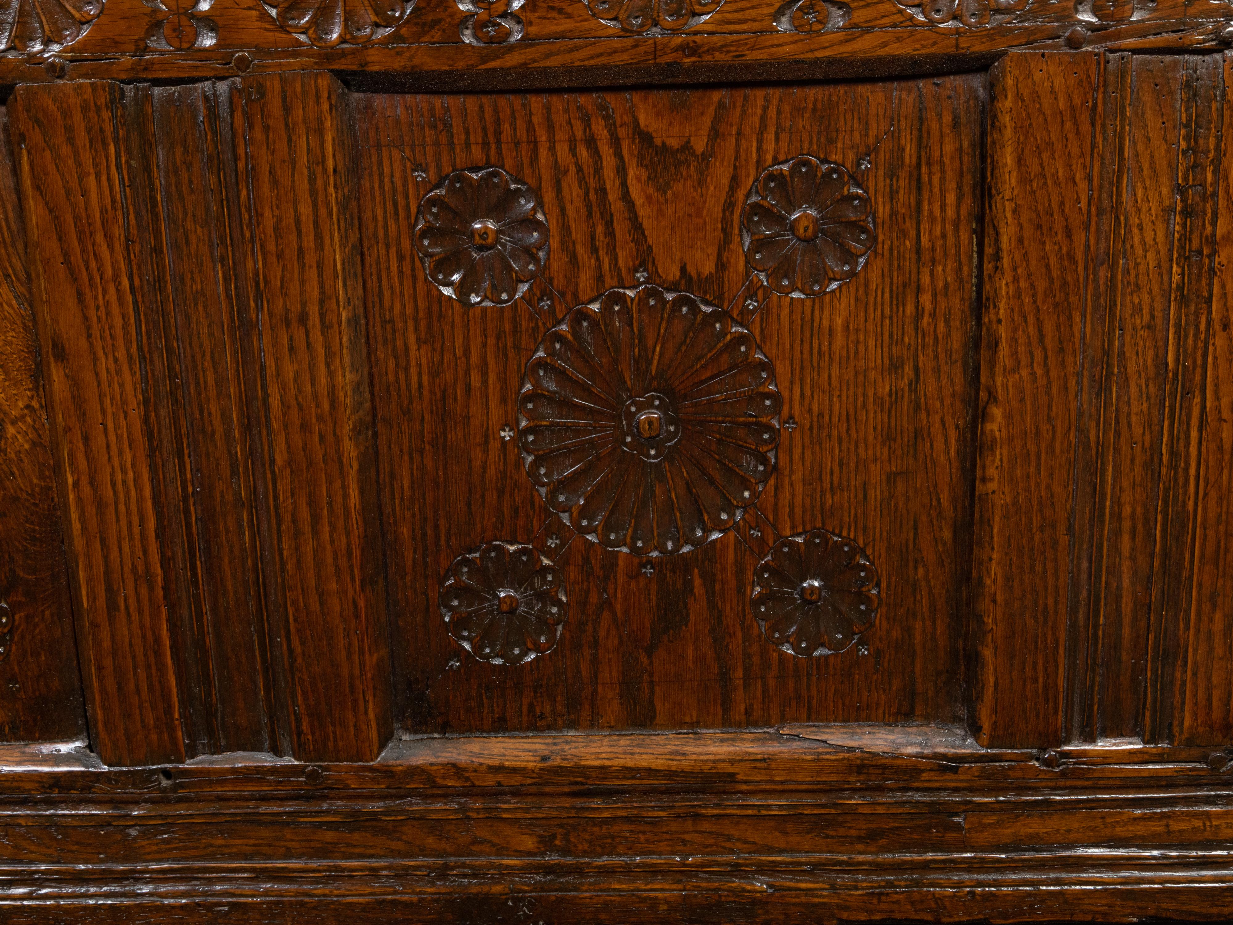 Late 17th Century English Oak Wedding Coffer with Monogram and Carved Rosettes For Sale 5