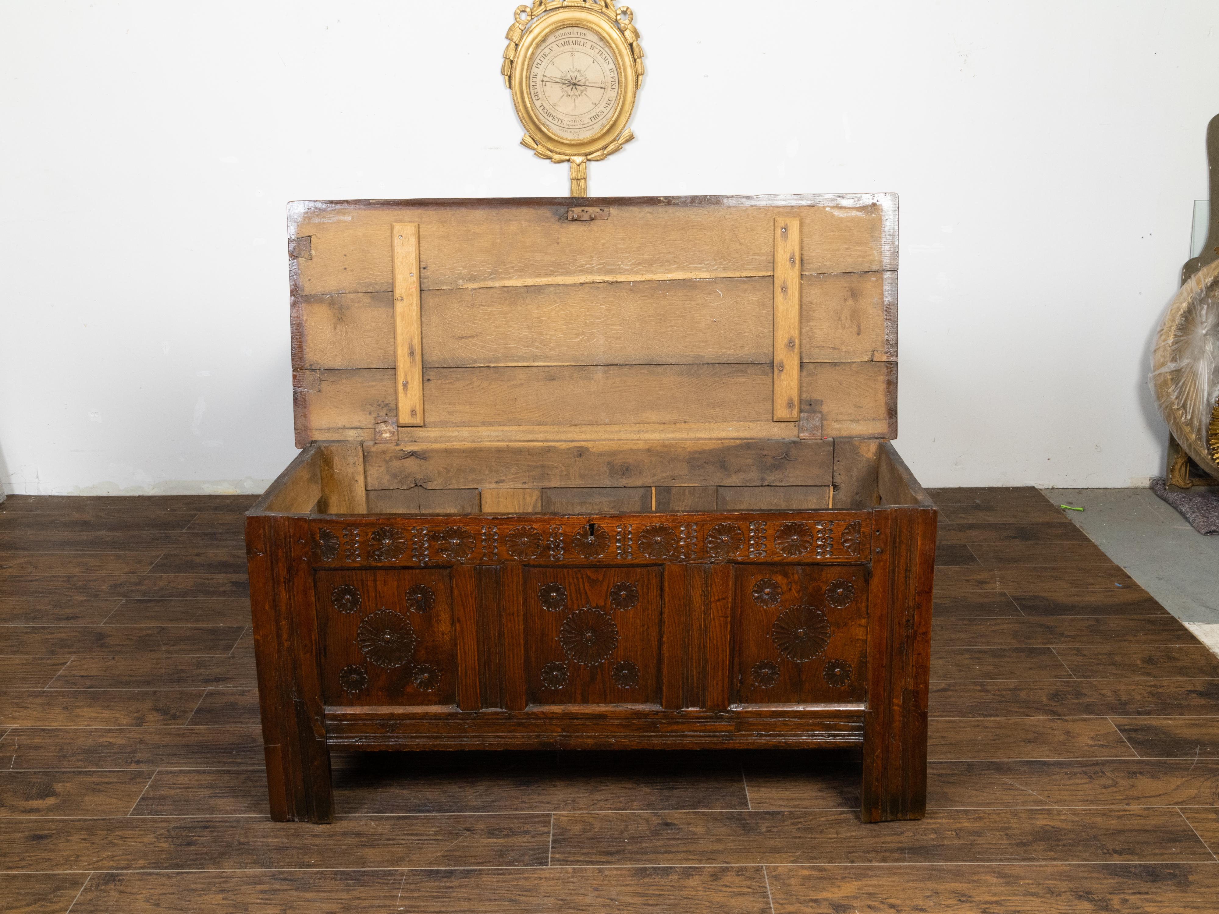 Late 17th Century English Oak Wedding Coffer with Monogram and Carved Rosettes For Sale 7