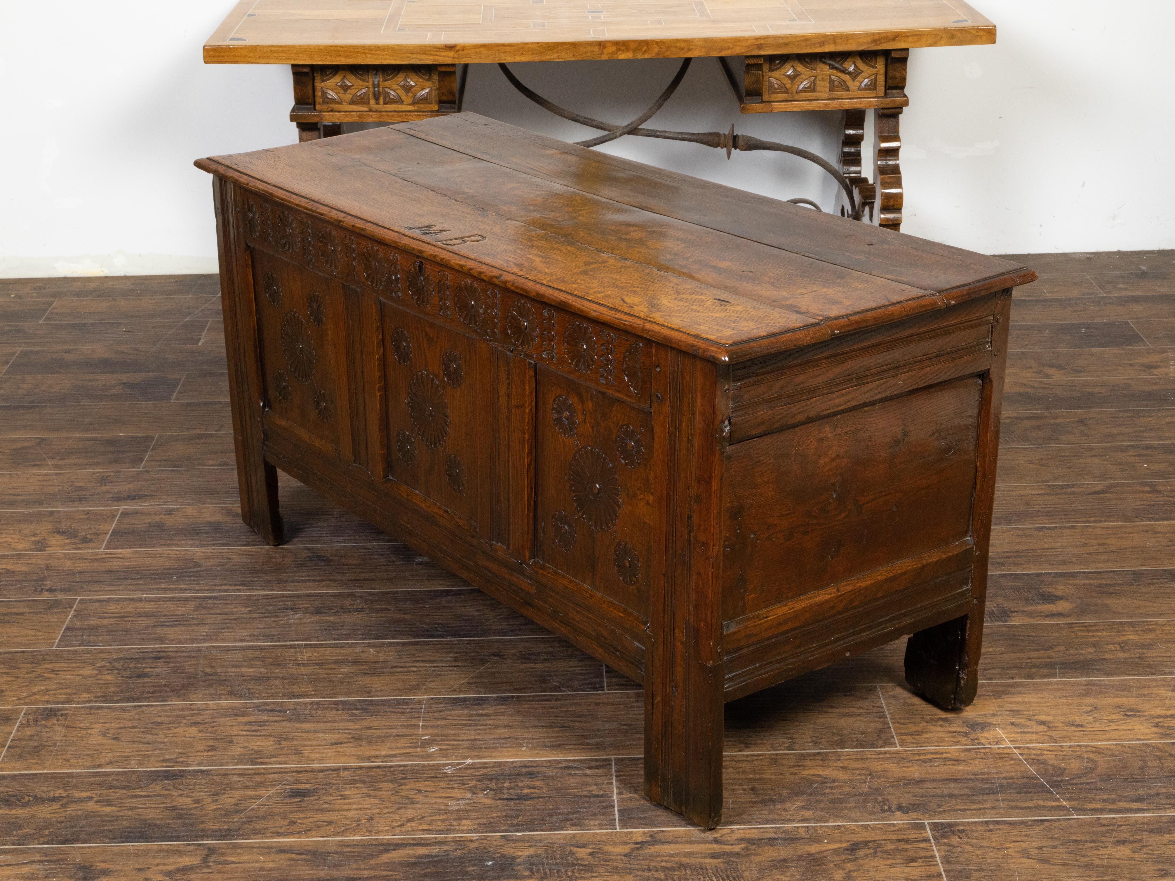 Iron Late 17th Century English Oak Wedding Coffer with Monogram and Carved Rosettes For Sale