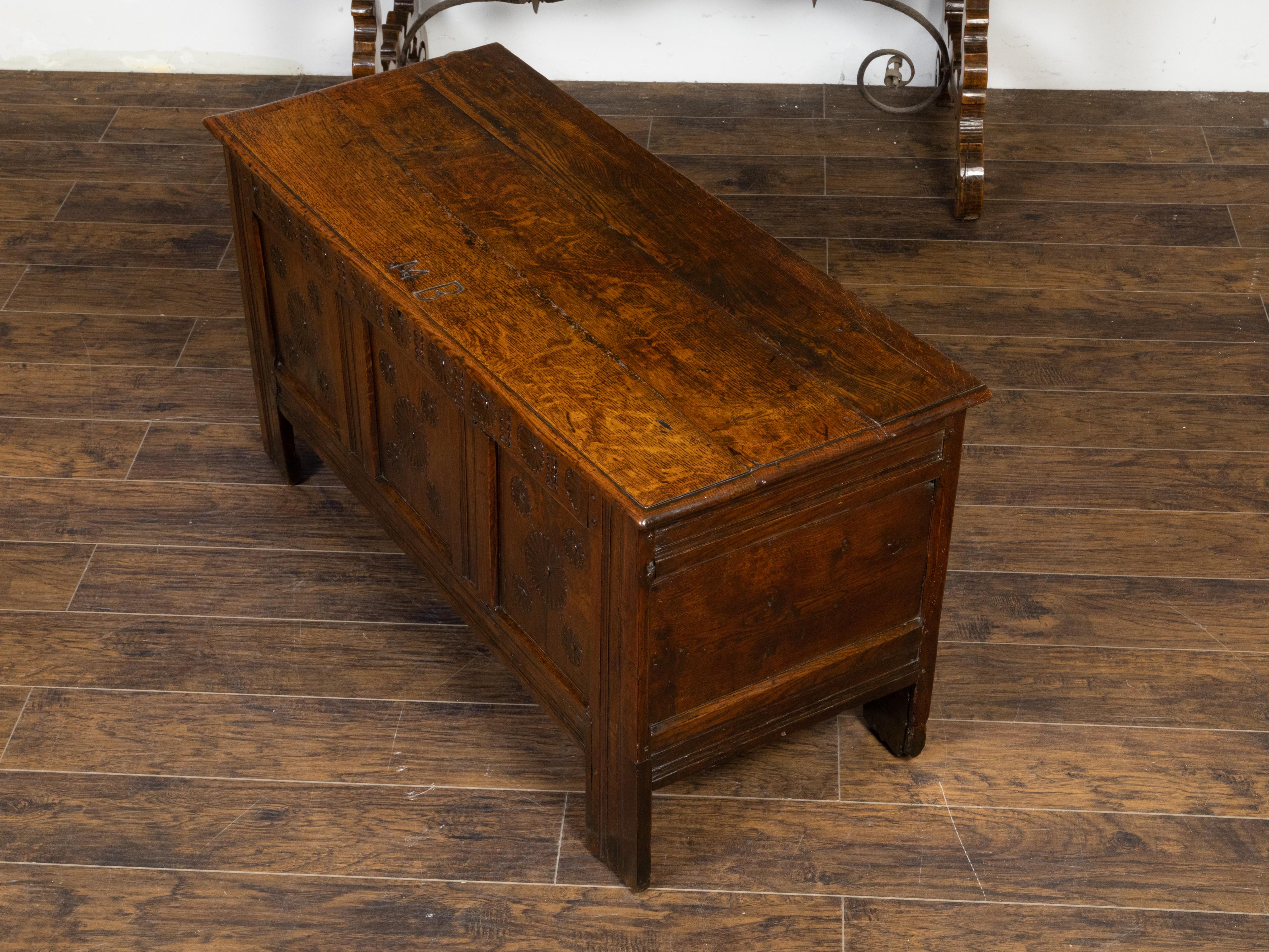 Late 17th Century English Oak Wedding Coffer with Monogram and Carved Rosettes For Sale 1