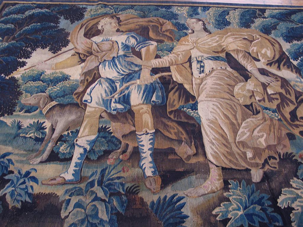 Tapestry, Flemish, Probably Brussels, depicting a scene from the Story of Tobias

Late 17th Century -7’ 8” x 10’ 4” - No weaver’s on town mark.

Re-bordered in plain stripes; slightly reduced from larger piece.

Structure:

Warp: wool, beige,