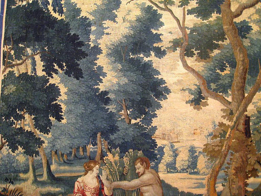 Français Tapisserie mythologique d'Aubusson de la fin du XVIIe siècle, avec Pan et Syrinx en vente