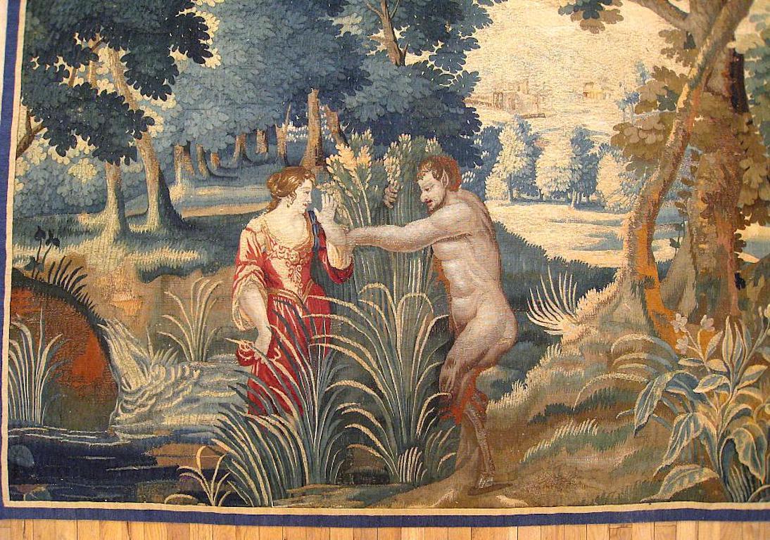 Tissé à la main Tapisserie mythologique d'Aubusson de la fin du XVIIe siècle, avec Pan et Syrinx en vente