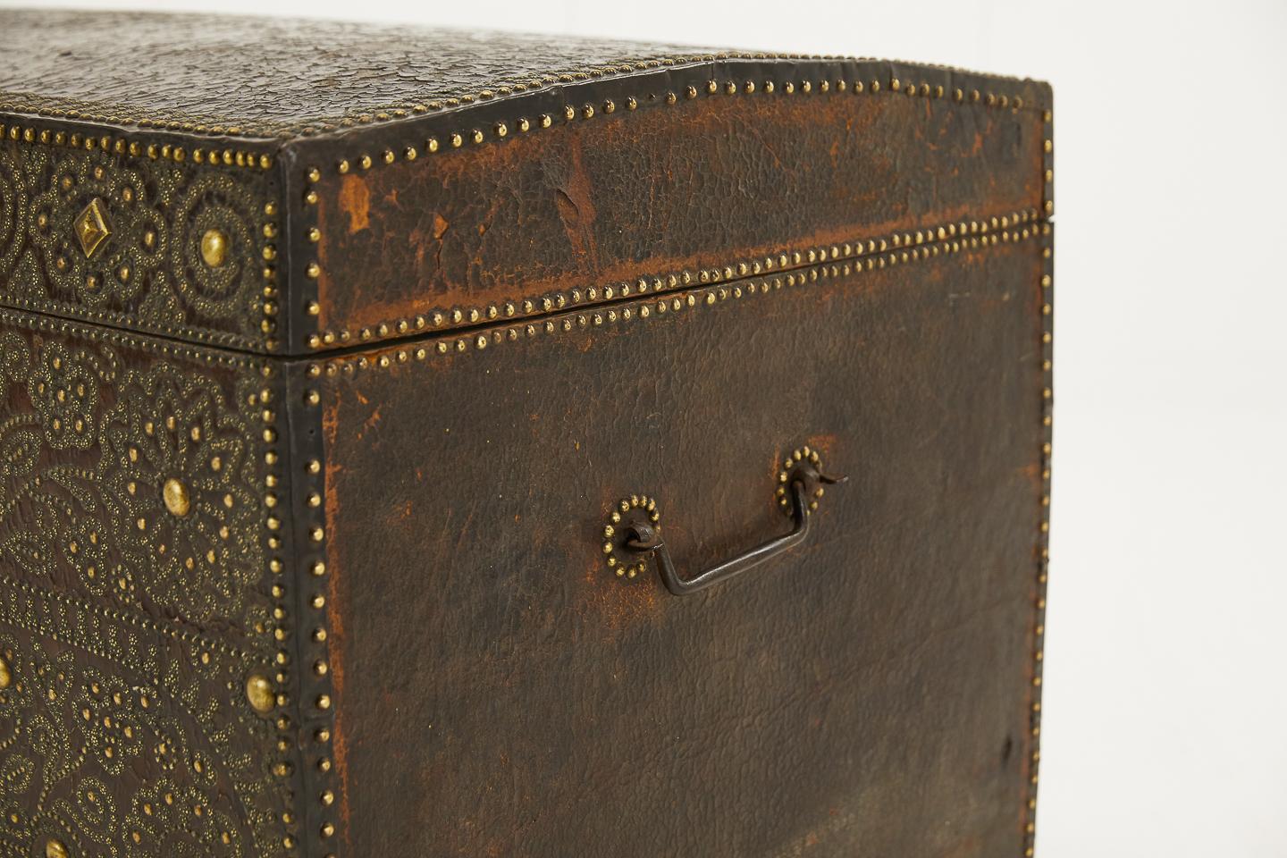 18th Century and Earlier Late 17th Century French Brass and Leather Travelling Chest For Sale