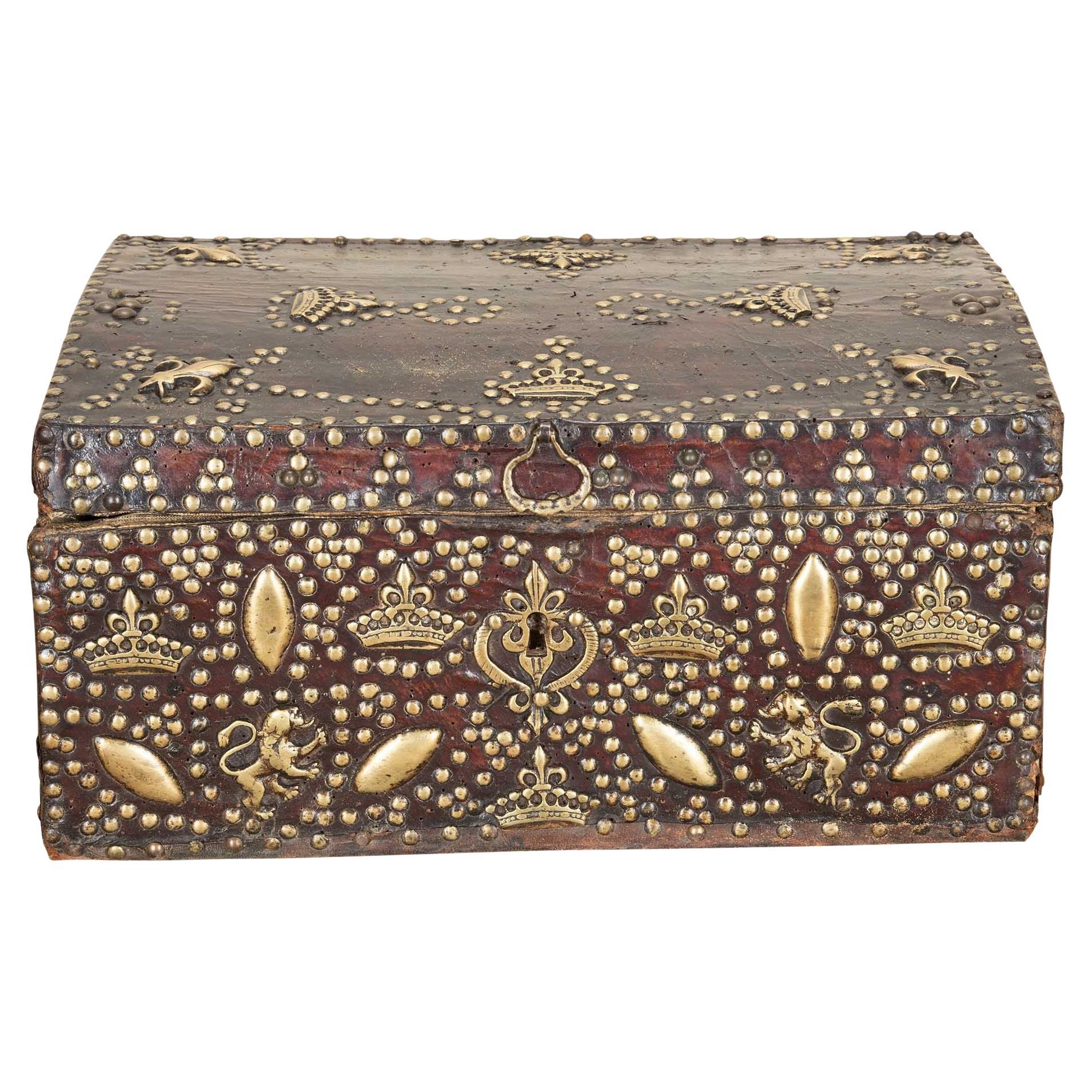 Late 17th Century French Leather Box with Crowns For Sale