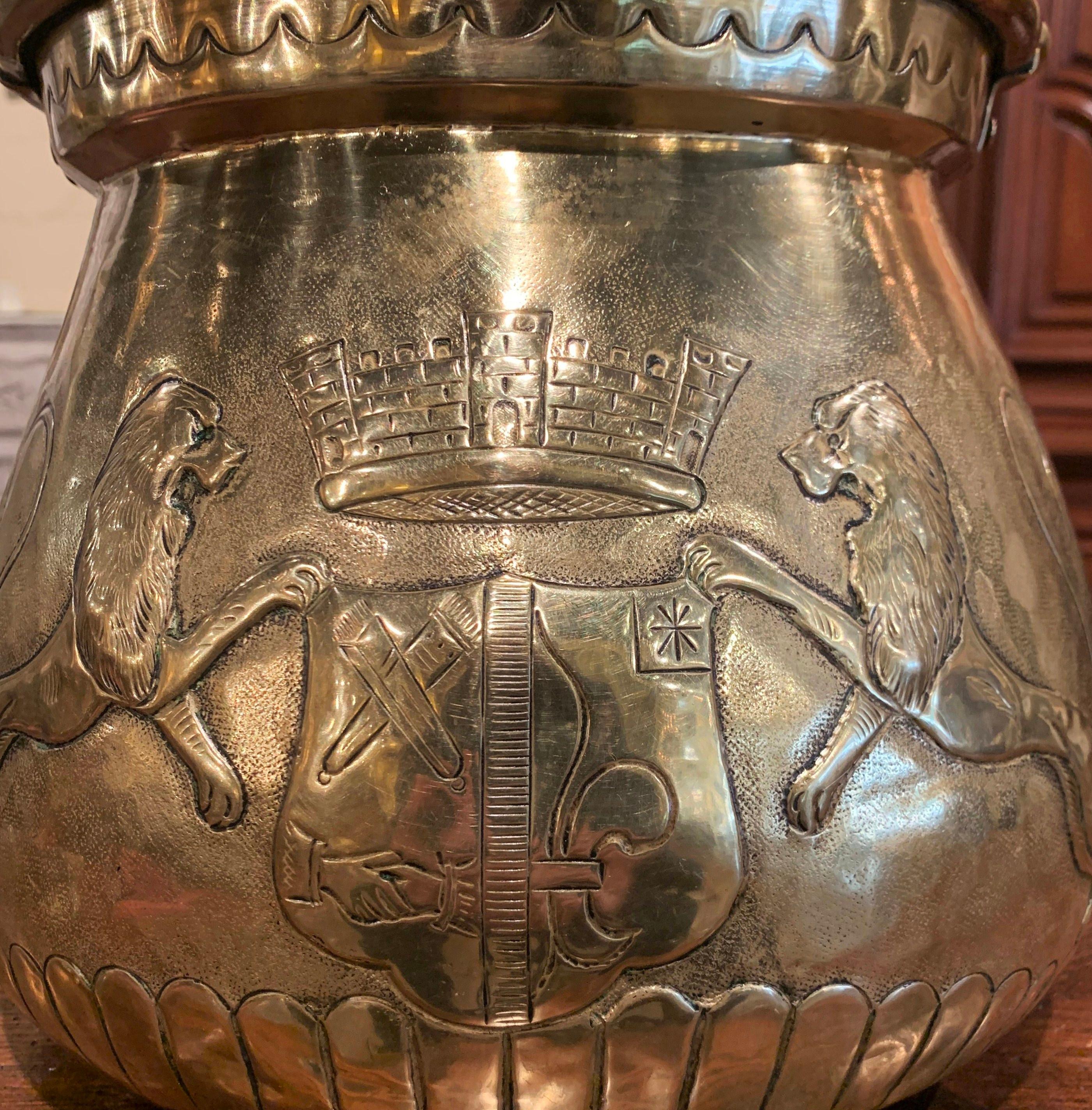 Late 17th Century French Louis XIV Brass Cauldron with Fleur de Lys and Crest 4