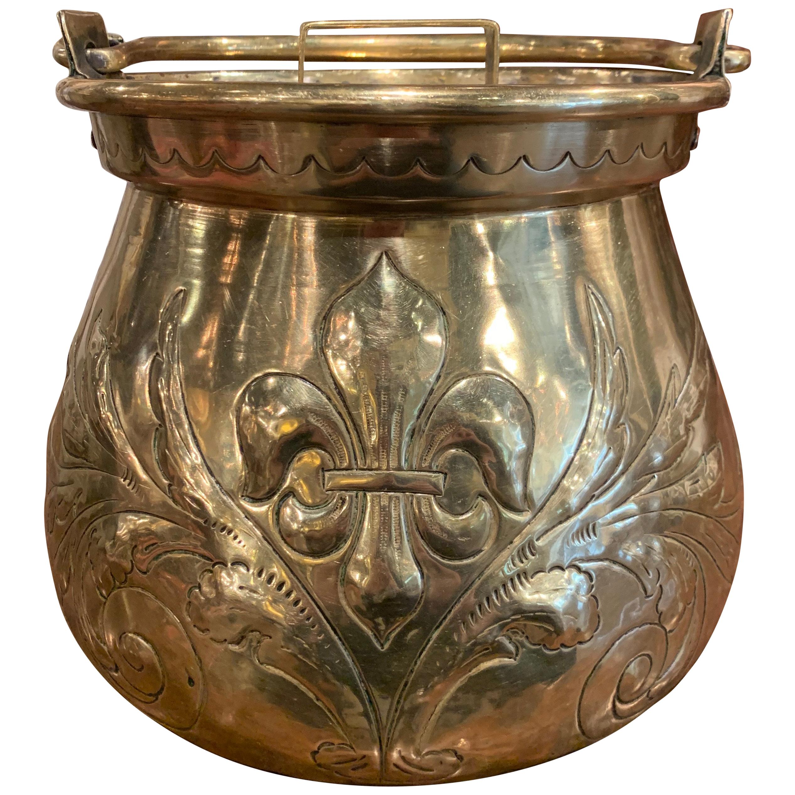 Late 17th Century French Louis XIV Brass Cauldron with Fleur de Lys and Crest