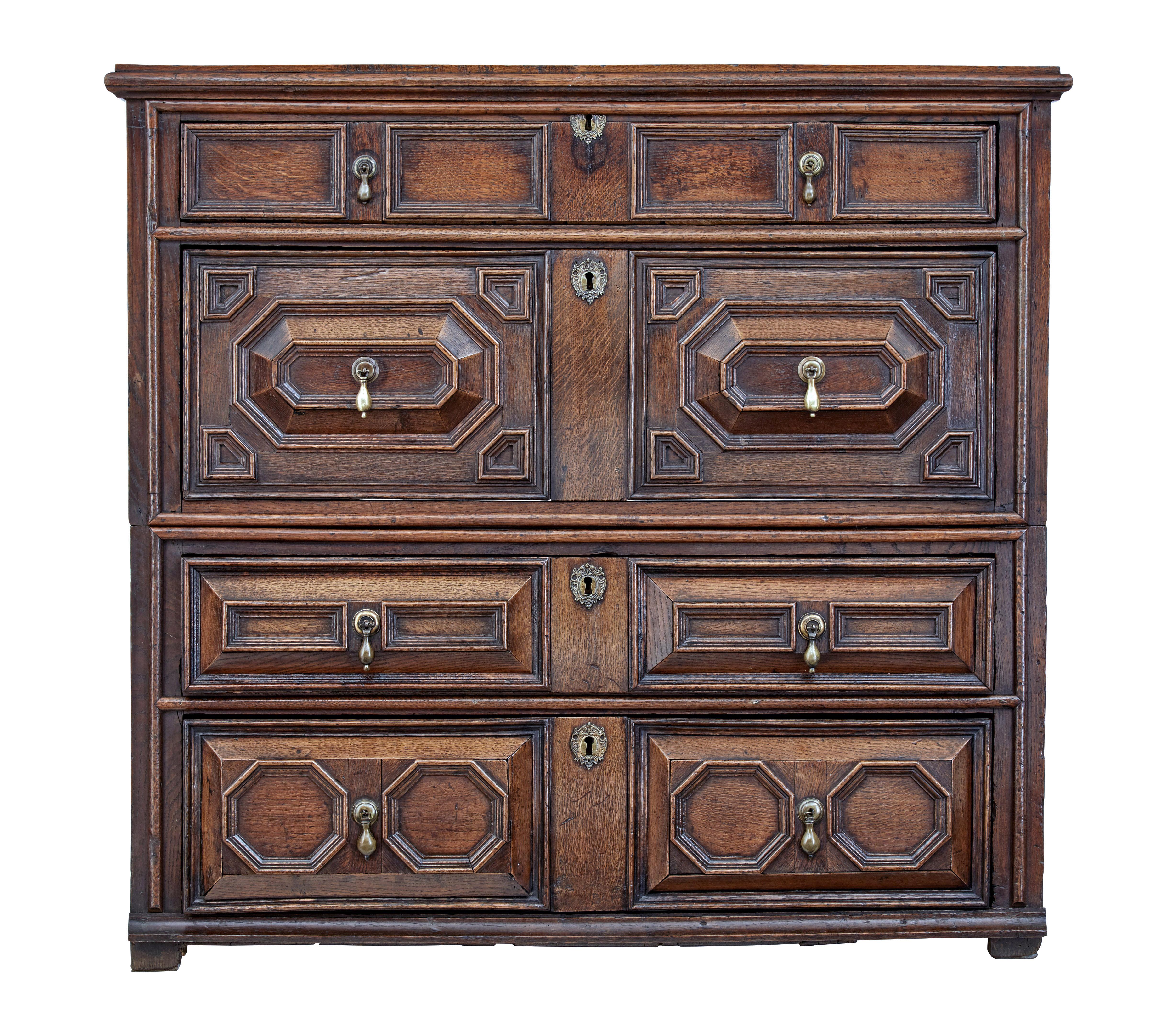 Late 17th century geometric split chest of drawers, circa 1690.

Here we have a late 17th century chest of drawers which has had the top drawer and lid converted to a shallow coffer, the remaining drawers function as normal.

Typical geometric