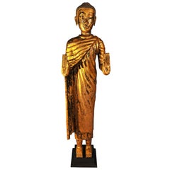 Antique Late 17th Century, Gilded Bronze Buddha in Abhaya Mudra, Art of Thailand