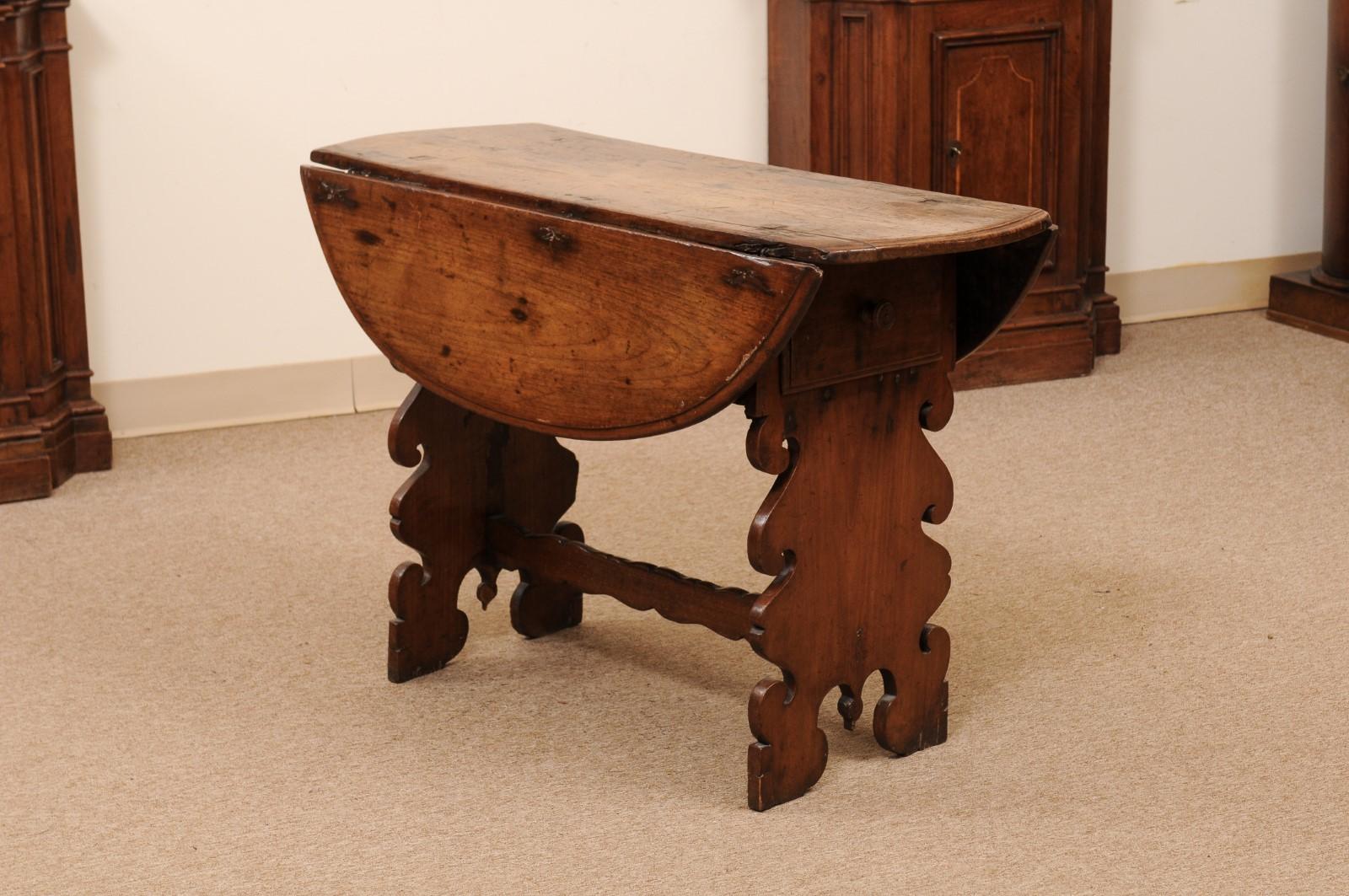 18th Century and Earlier Late 17th Century Italian Fruitwood Drop Leaf Table with Drawer