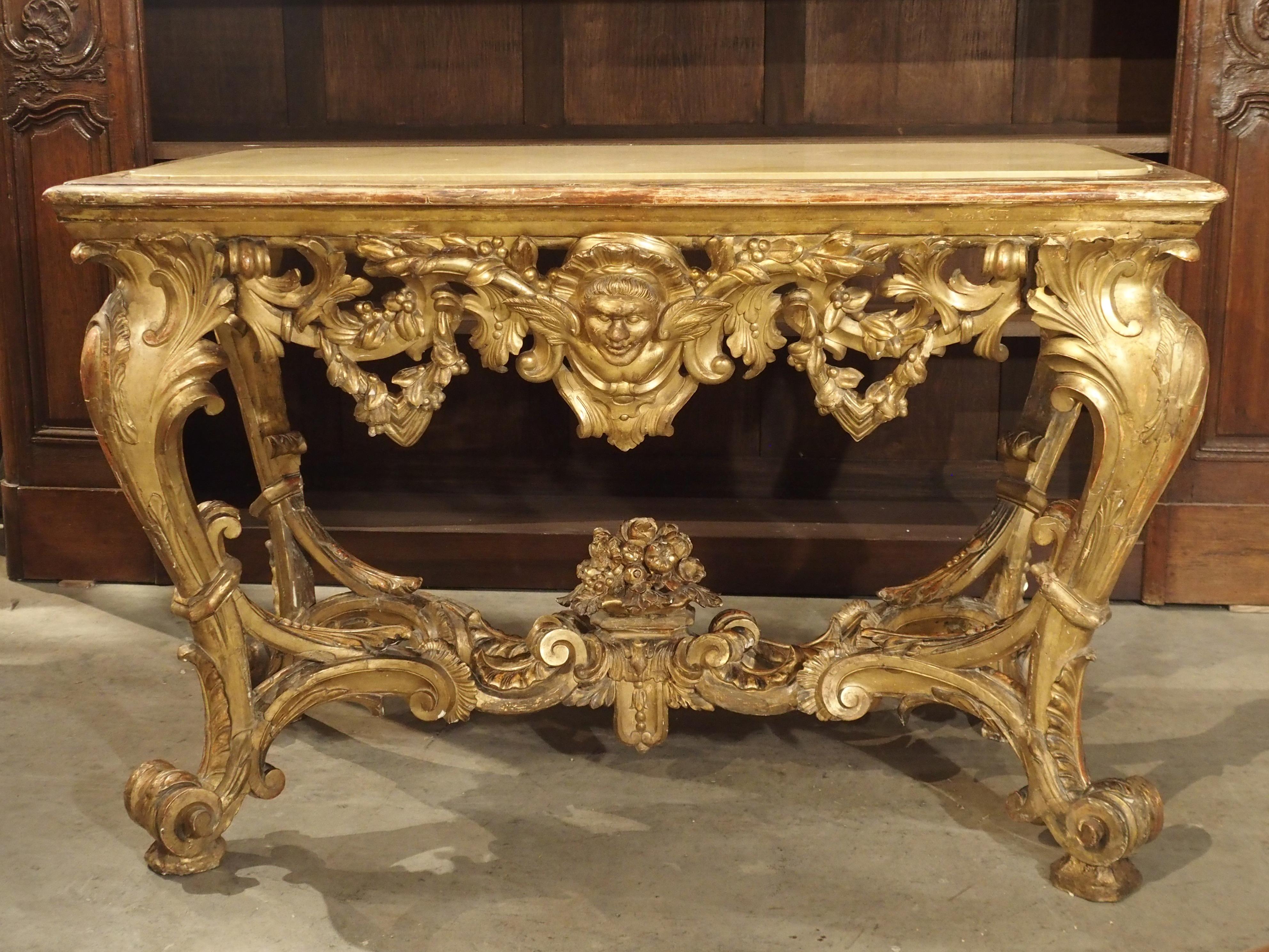 Tavolo consolle in legno dorato italiano della fine del XVII secolo con piano in marmo incastonato in vendita 12