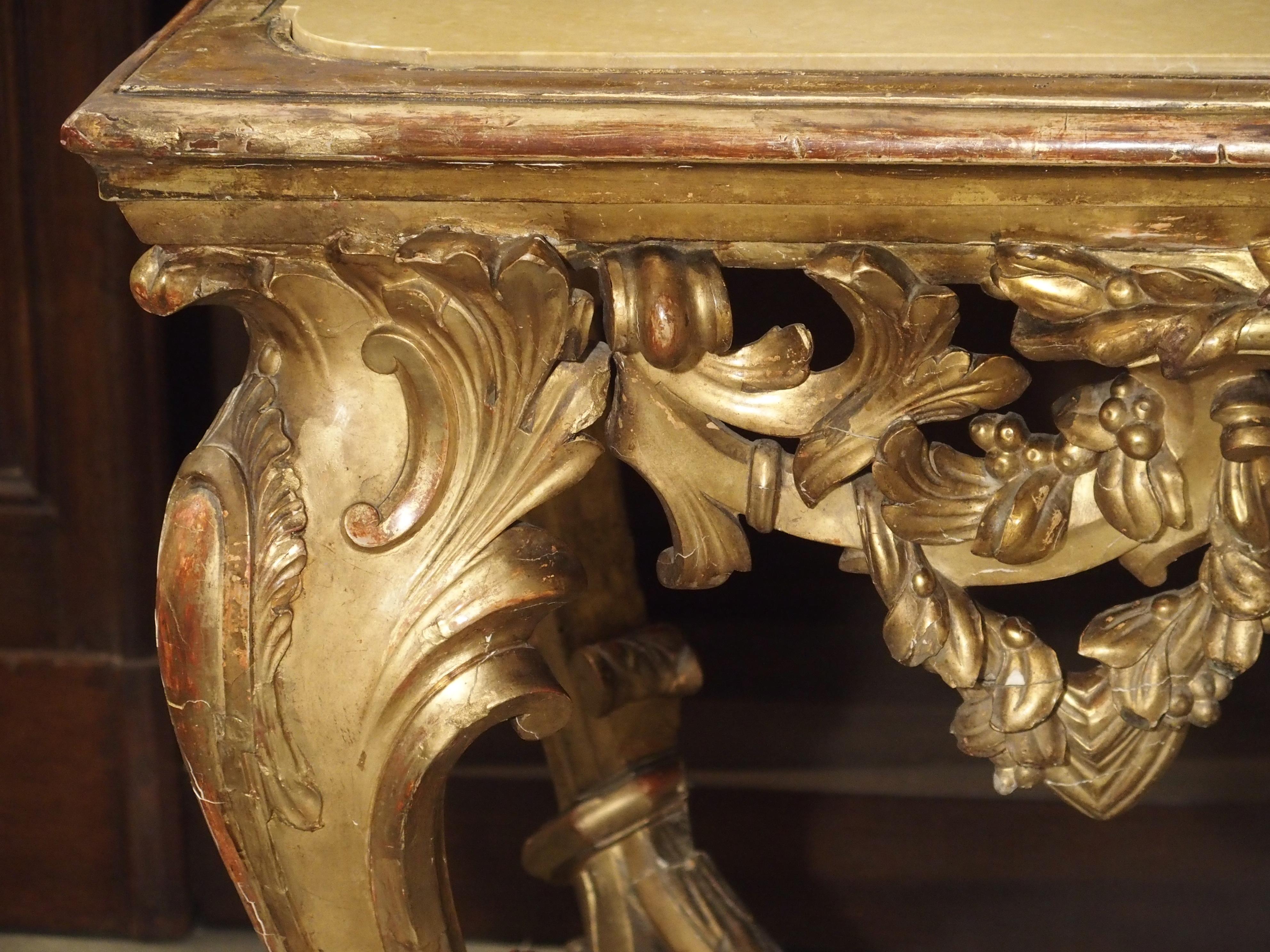 Louis XIV Late 17th Century Italian Giltwood Console Table with Inset Marble Top For Sale